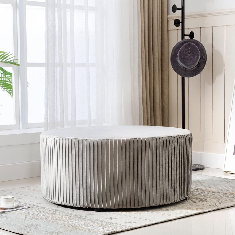 Chic Pleated Gray Velvet Round Ottoman - 36"x16"