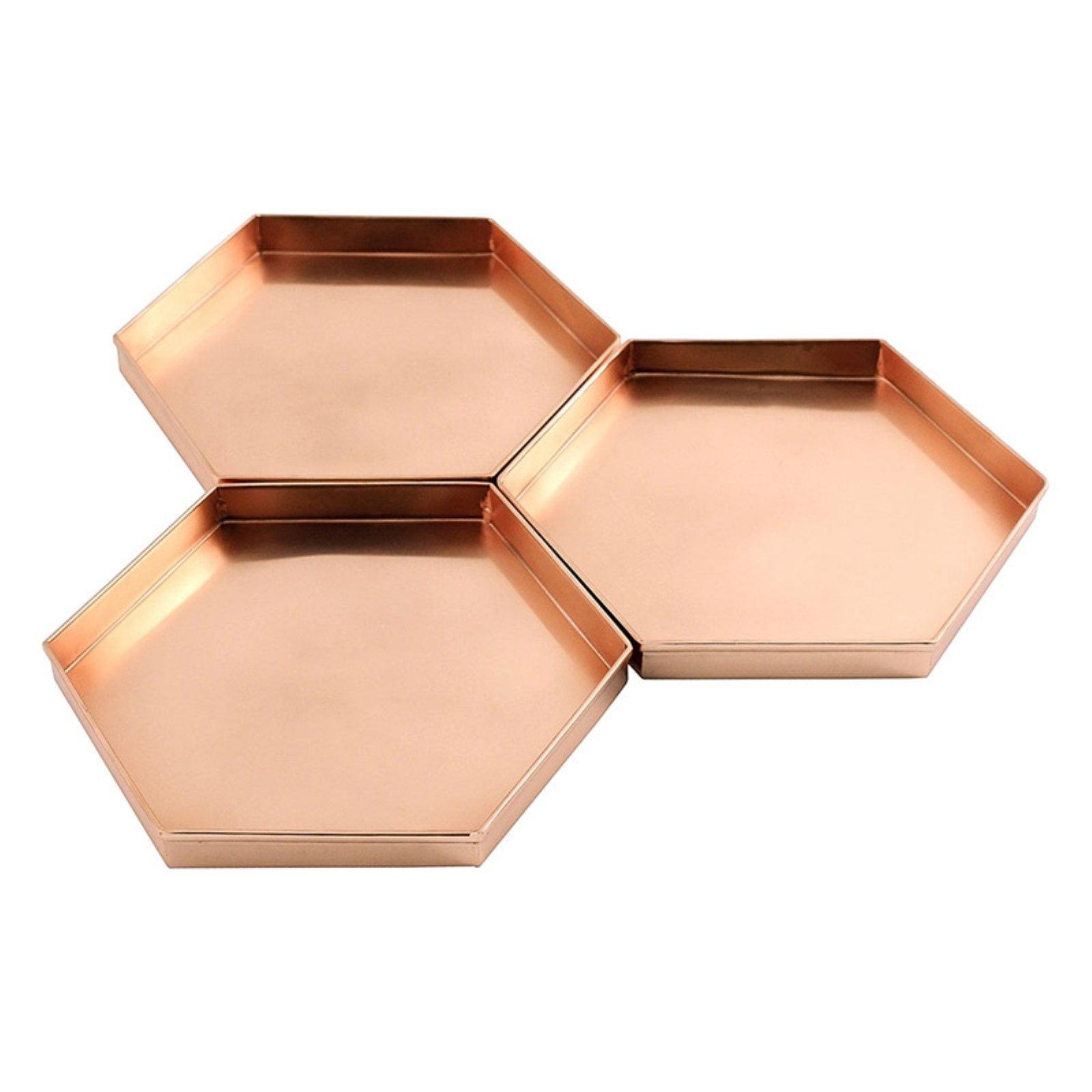 9" 3pc Decorative Hexagonal Stainless Steel Trays Copper Plated Finish - ACHLA Designs: Handmade, Rolled Edges, Indoor/Outdoor Use