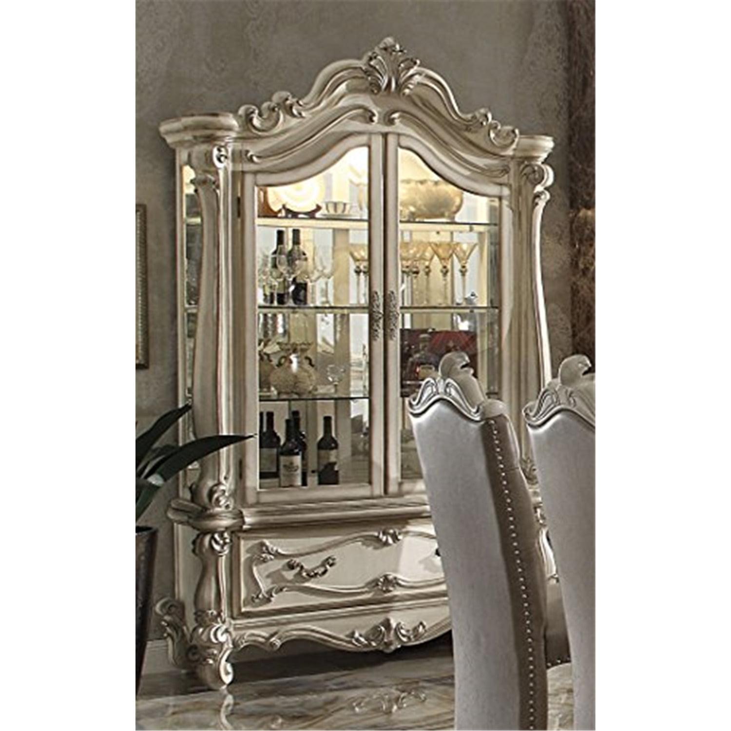 Bone White Ornate Lighted Curio Cabinet with Glass Doors