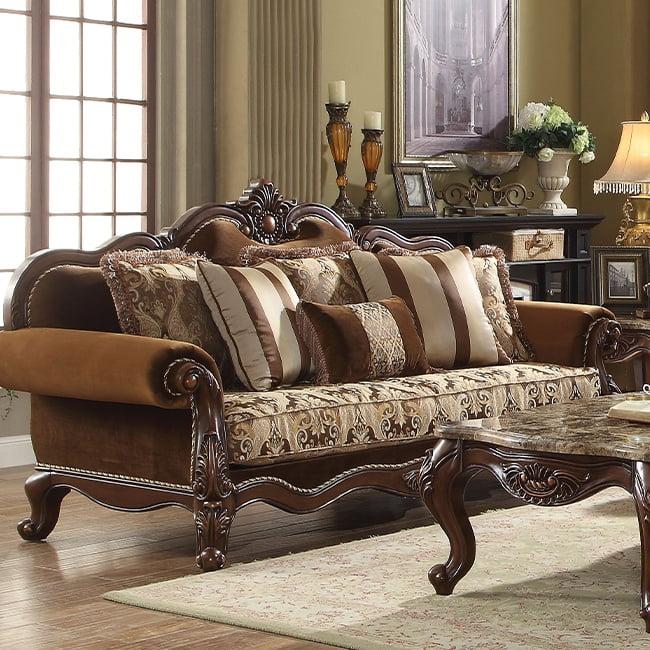 Jardena Brown Fabric and Wood Camelback Loveseat