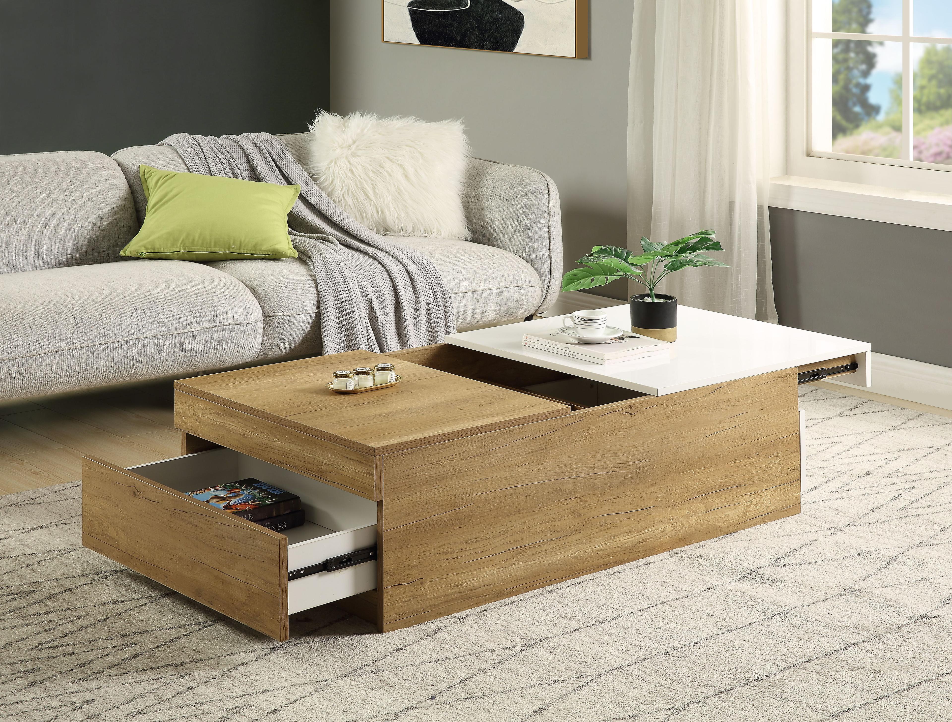 Oak and White Rectangular Coffee Table with Hidden Storage