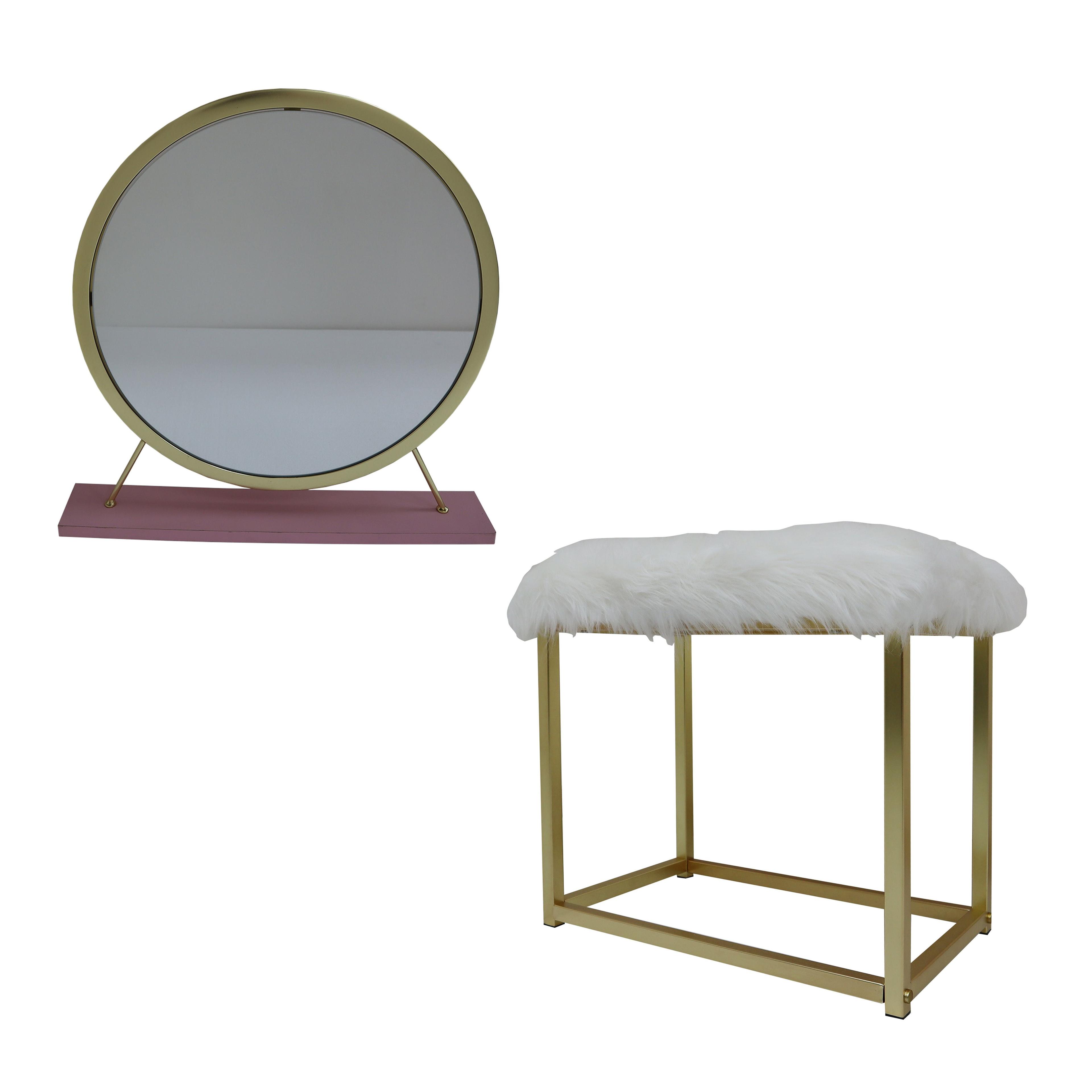 Pink and Gold Vanity Mirror with Faux Fur Stool