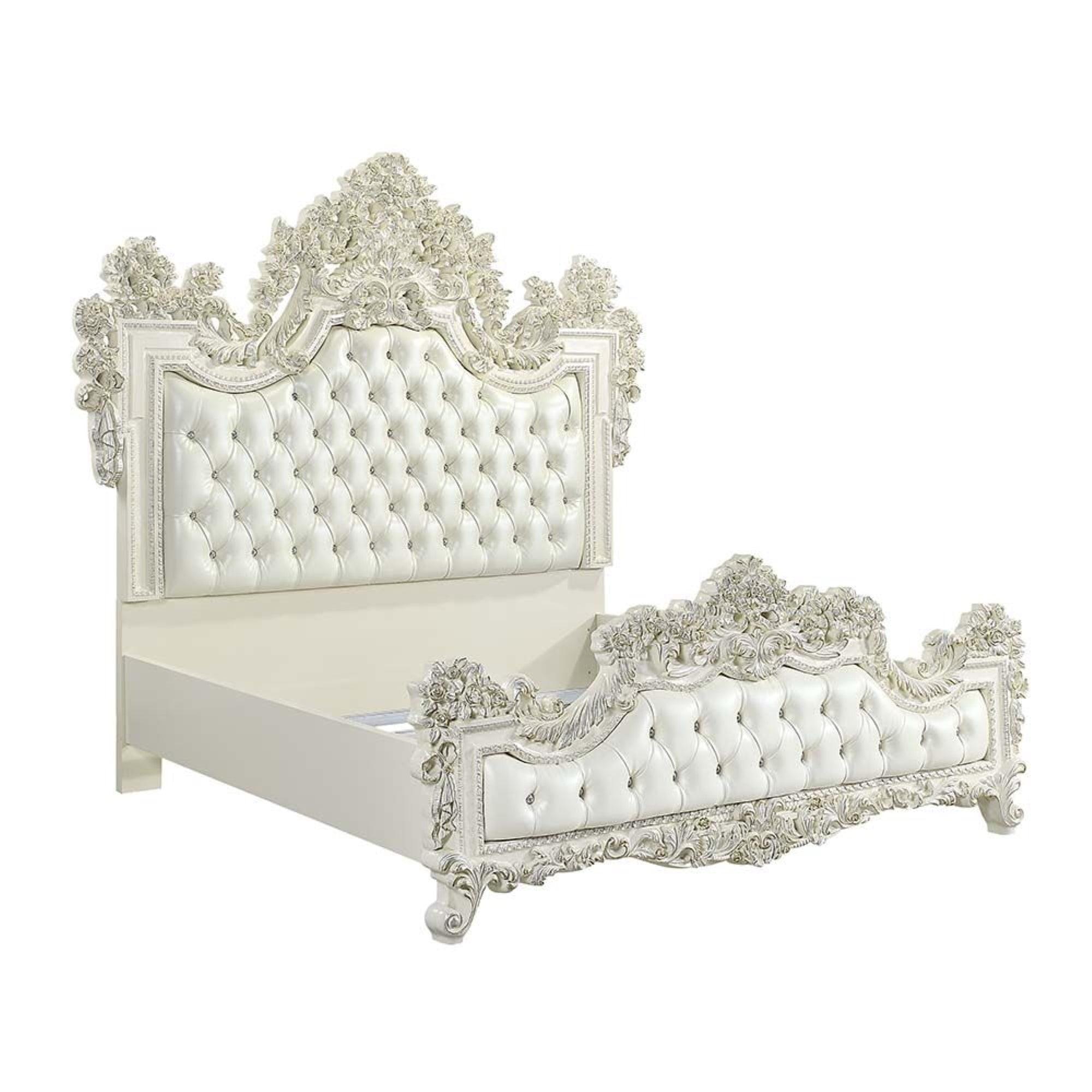 Acme Furniture: 90" Eastern King Bed Adara Bed White Synthetic Leather and Antique White Finish Victorian Style, Tufted Headboard