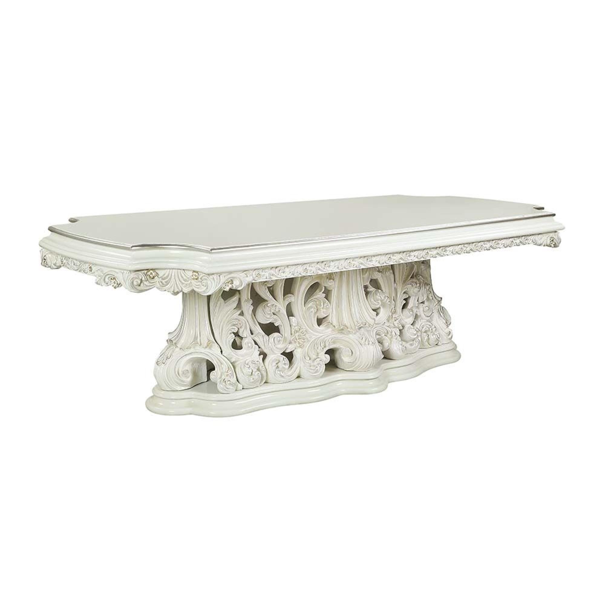 Adara Antique White Carved Wood Extendable Dining Table