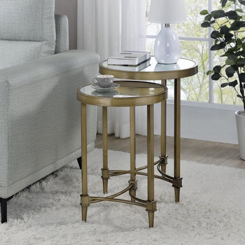 Aditya Contemporary Round End Table Set in Mirrored and Antique Brass