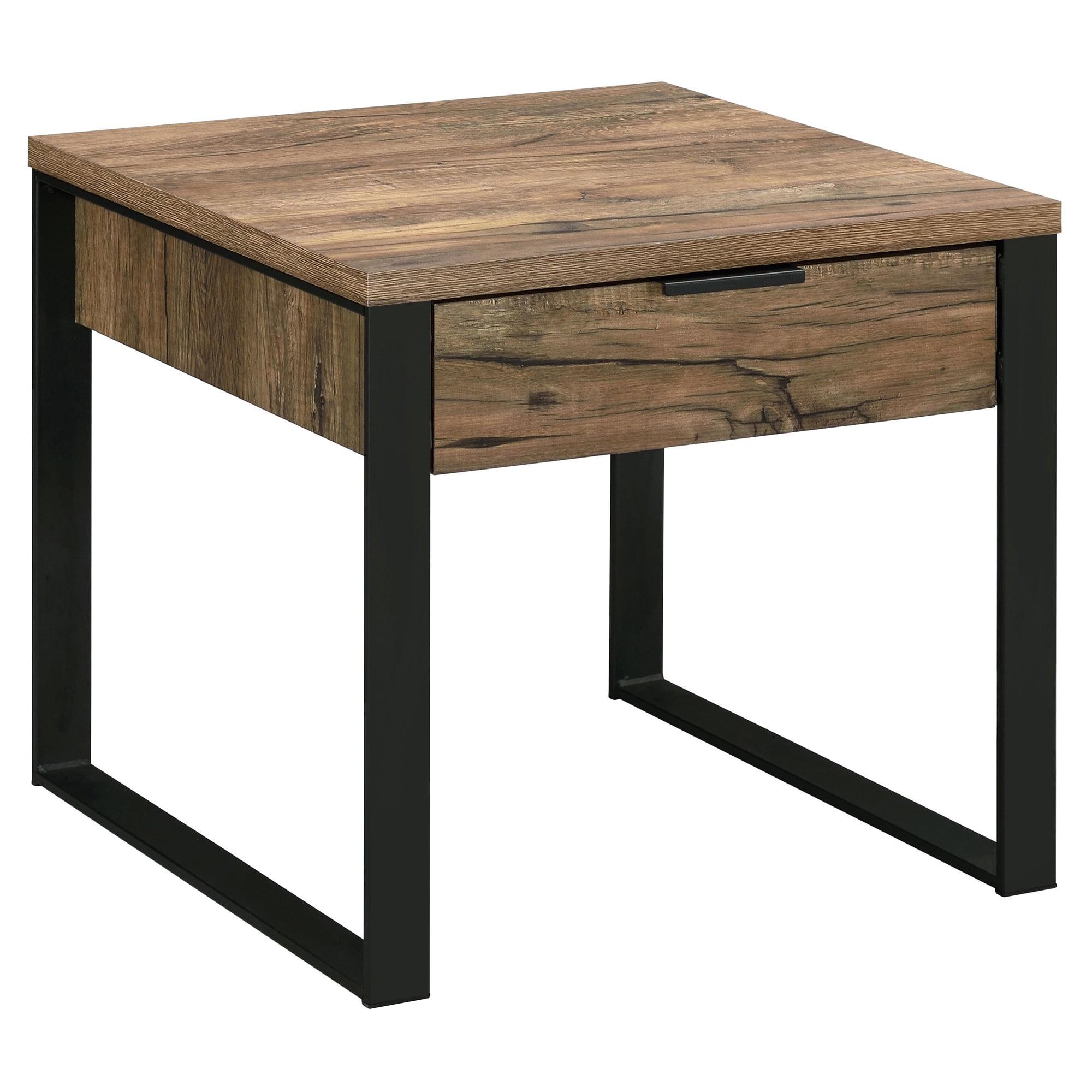 Weathered Oak and Black Metal Rectangular End Table with Storage