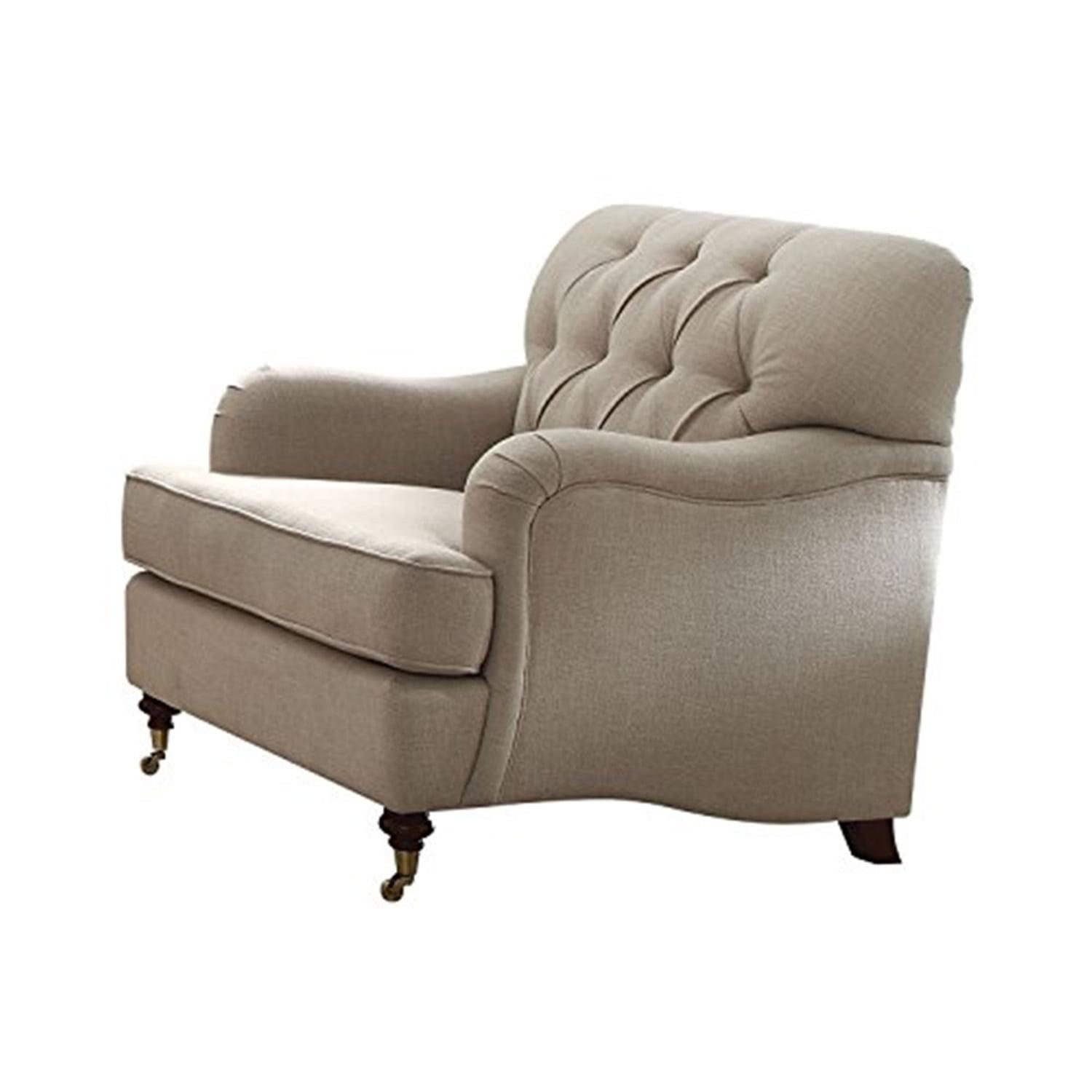 Elegant Beige Leather-Wood Accent Chair with Diamond Tufting