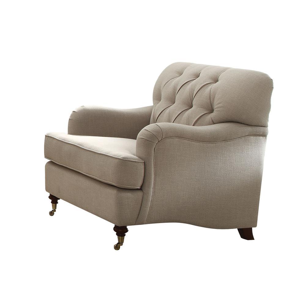 Elegant Beige Leather-Wood Accent Chair with Diamond Tufting