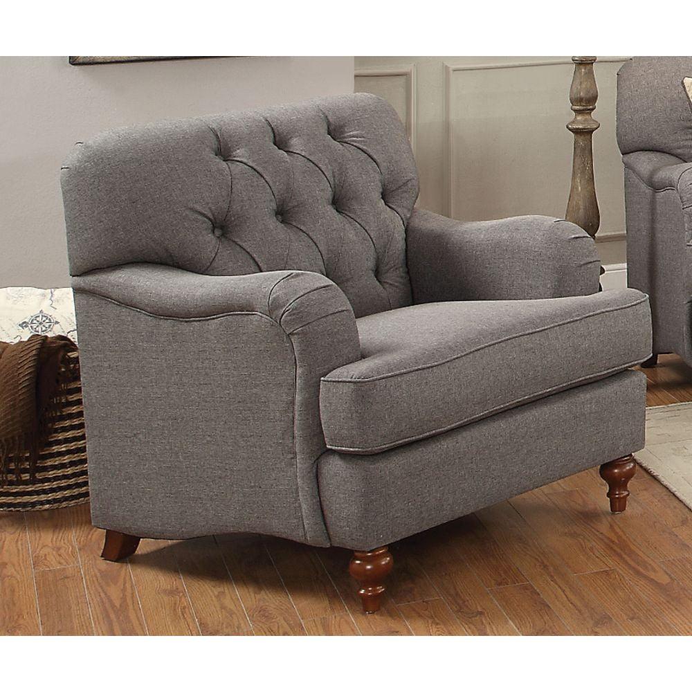 Elegant Gray Leather & Wood Accent Chair with Diamond Tufting