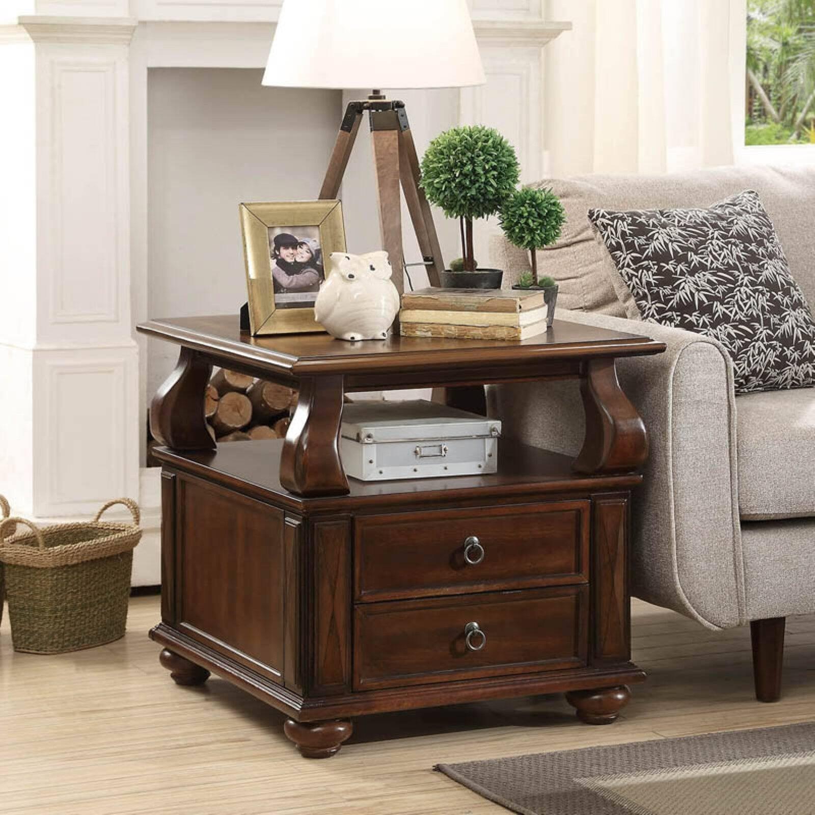 Walnut Round Wooden End Table with Storage and Bun Legs