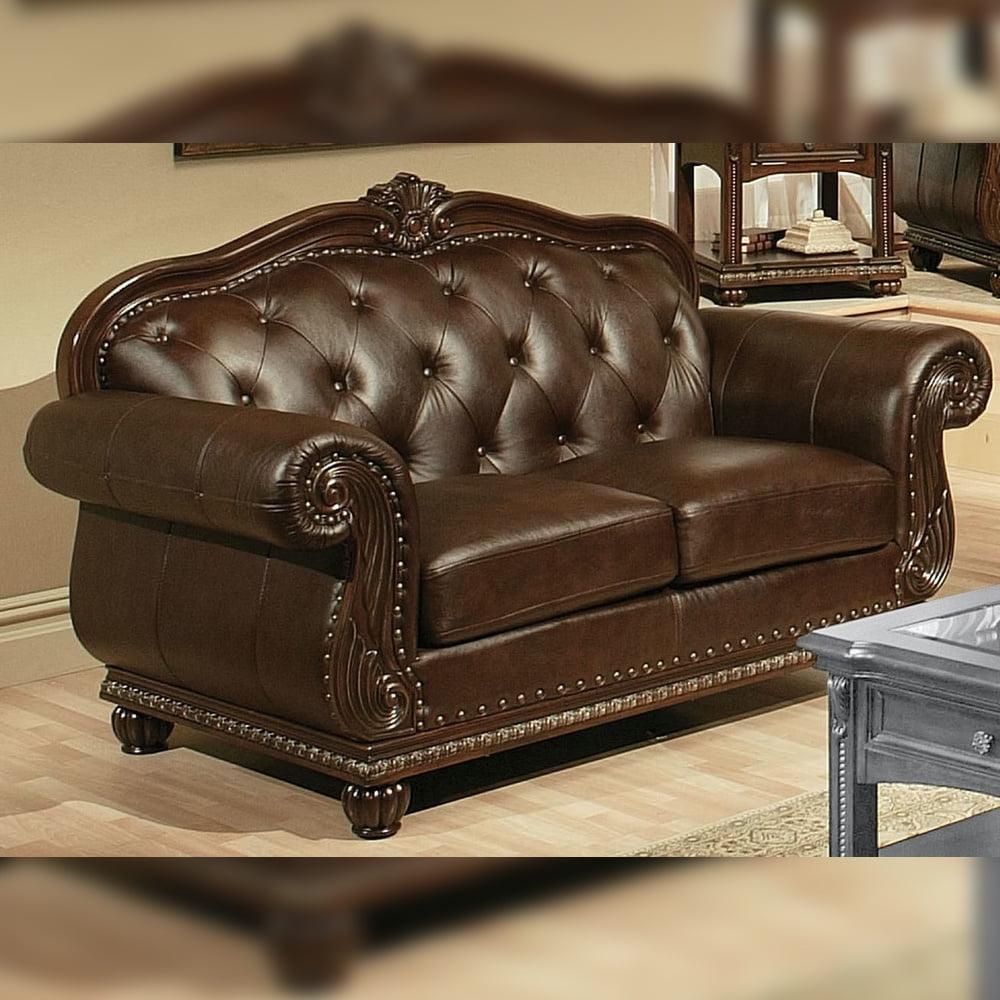 Elegant Brown Faux Leather Tufted Loveseat with Rolled Arms and Nailhead Detail