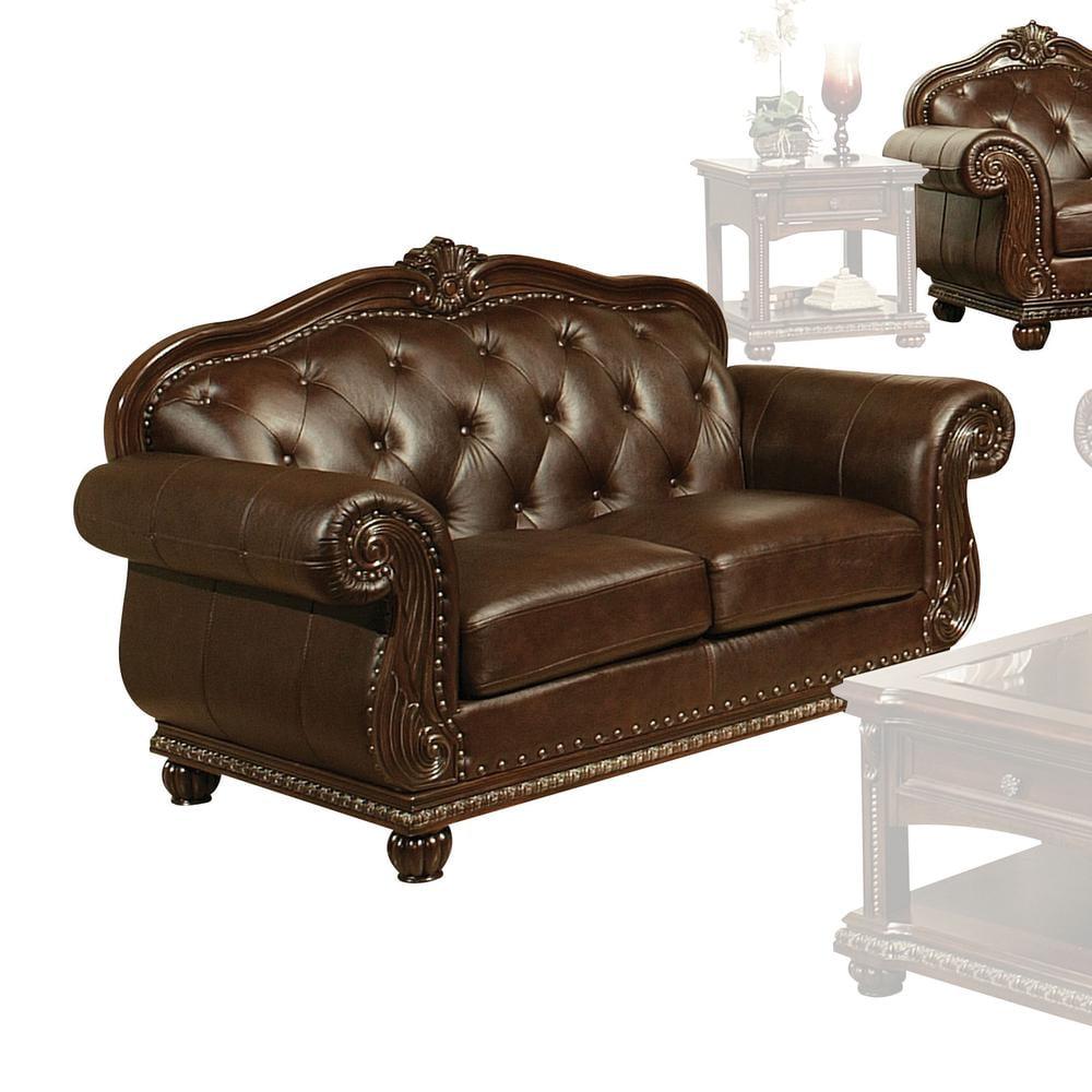 70" Anondale Sofa Espresso Top Grain Leather Match and Cherry Finish - Acme Furniture: Luxurious Loveseat, Nailhead Trim, Includes Accent Pillow