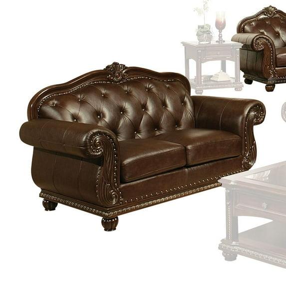 70" Anondale Sofa Espresso Top Grain Leather Match and Cherry Finish - Acme Furniture: Luxurious Loveseat, Nailhead Trim, Includes Accent Pillow