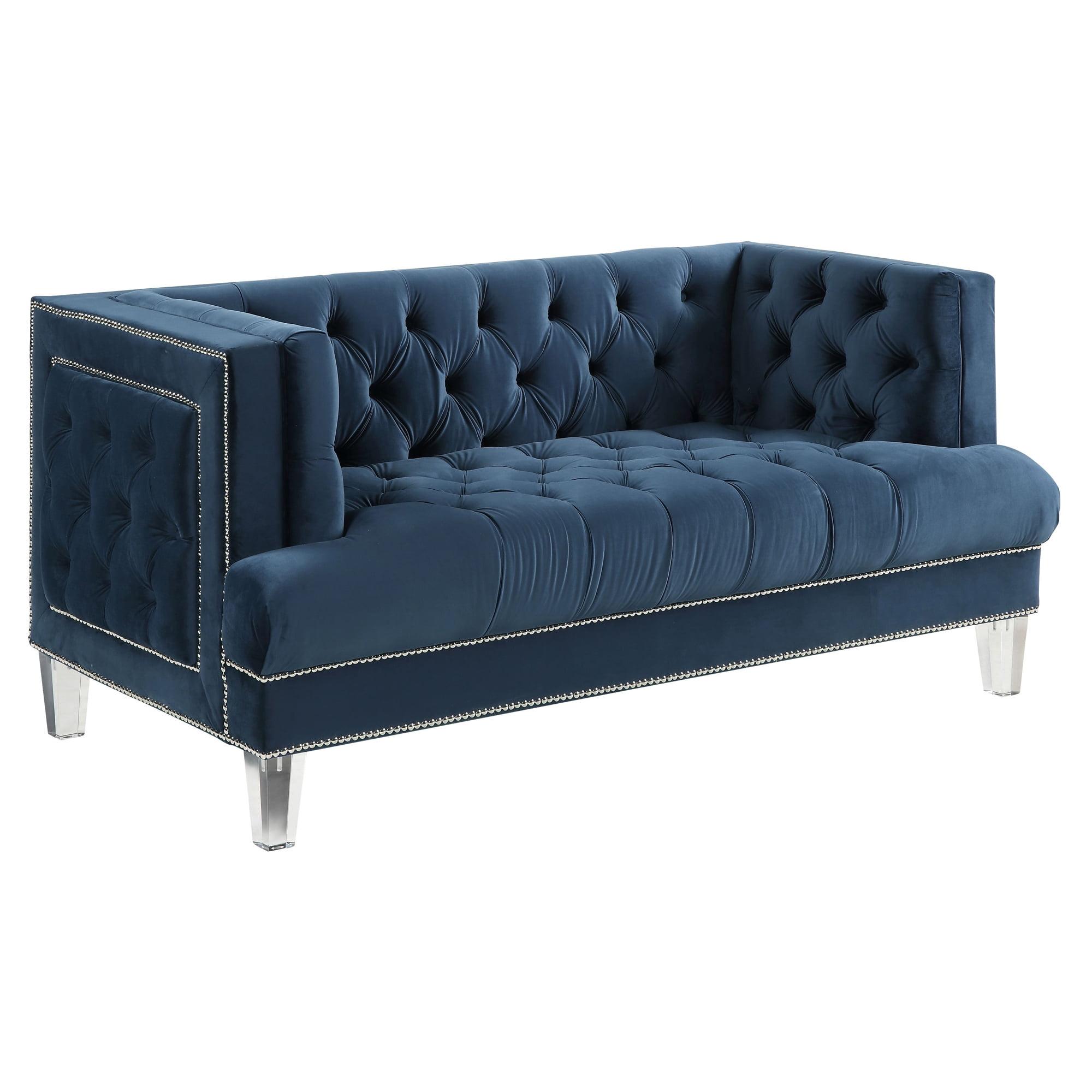 Ansario Blue Velvet Tufted Loveseat with Nailhead Trim