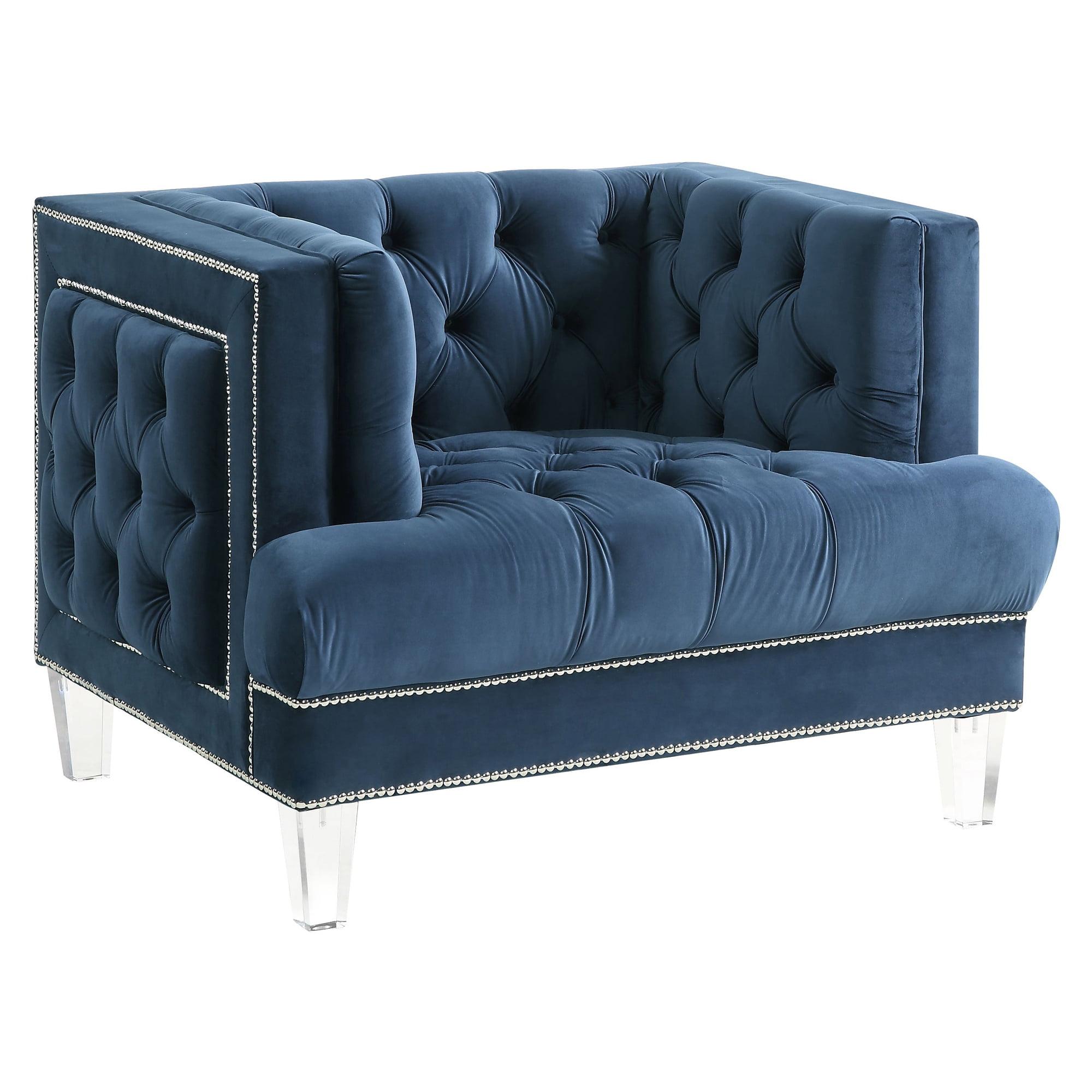 41" Ansario Chair Blue Velvet - Acme Furniture: Acrylic Legs, Nail-Head Trim, Tufted Square Back