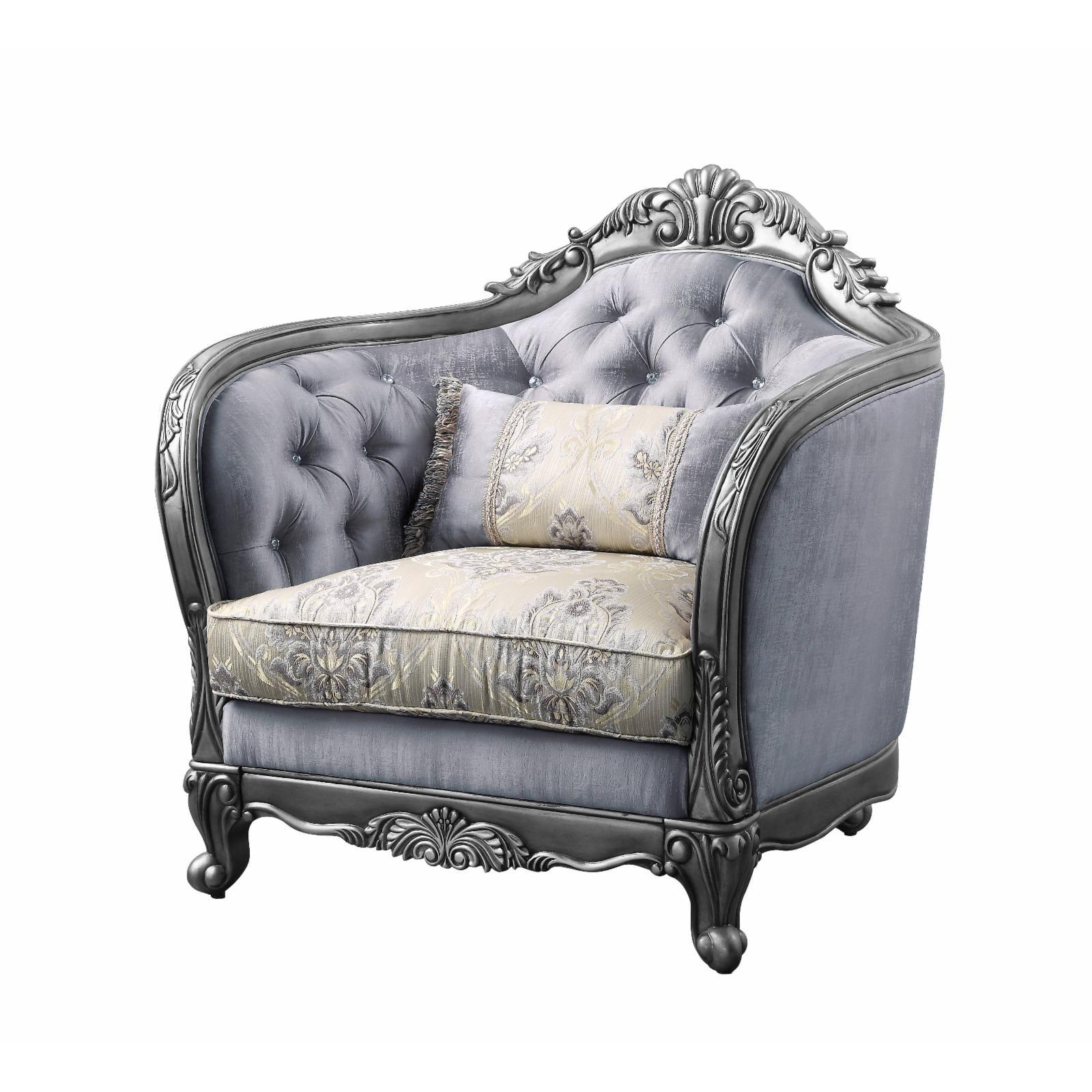 Ariadne Platinum Gray Floral Accent Chair with Carved Wood Detail