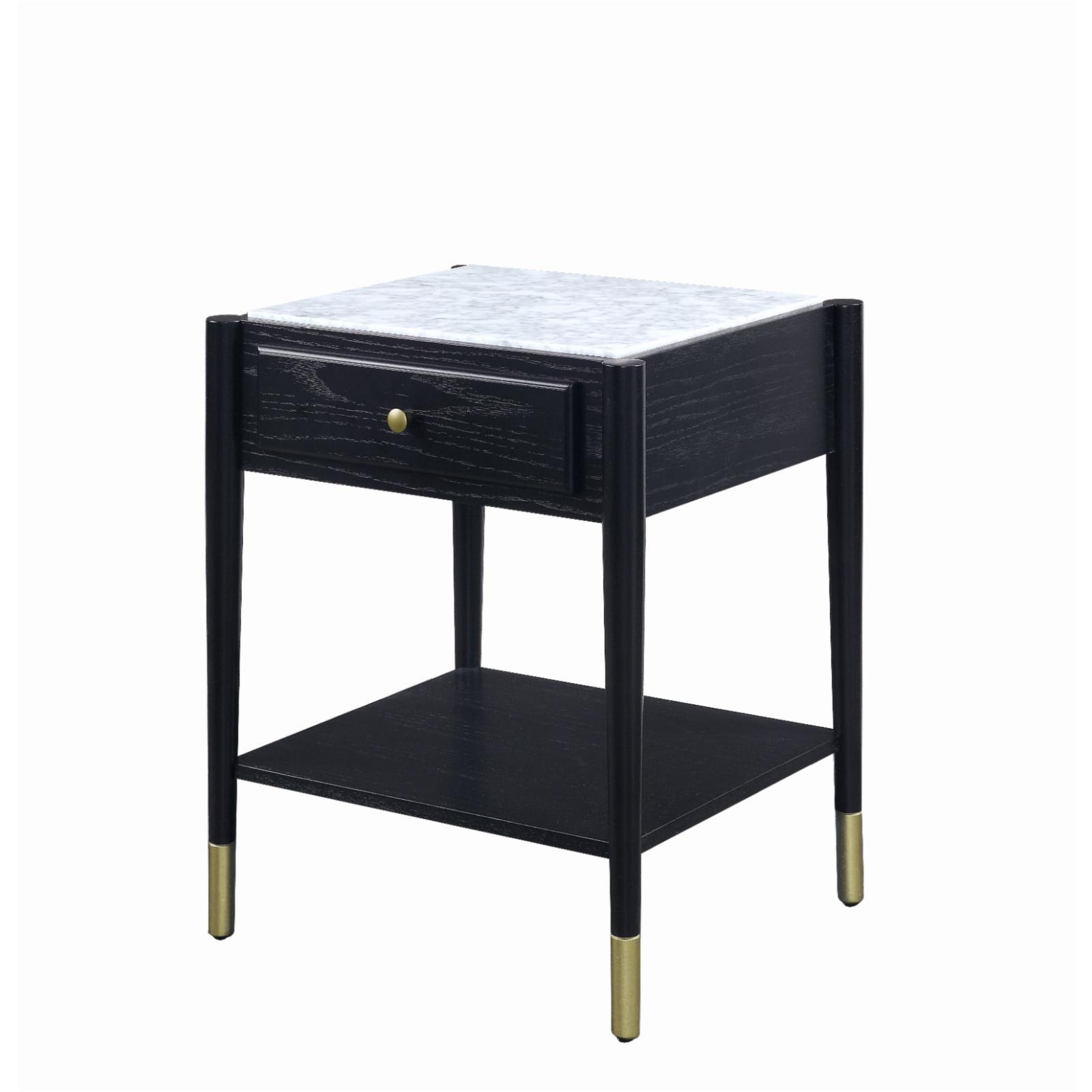 Black Marble Top Rectangular End Table with Storage Drawer