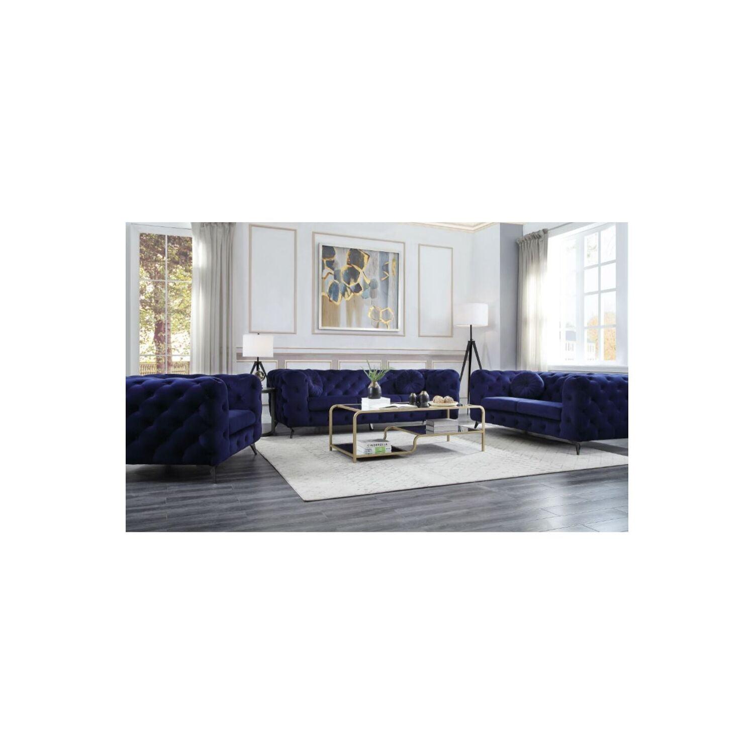 Elegant Blue Velvet Tufted Sofa with Chrome Legs, 86 in