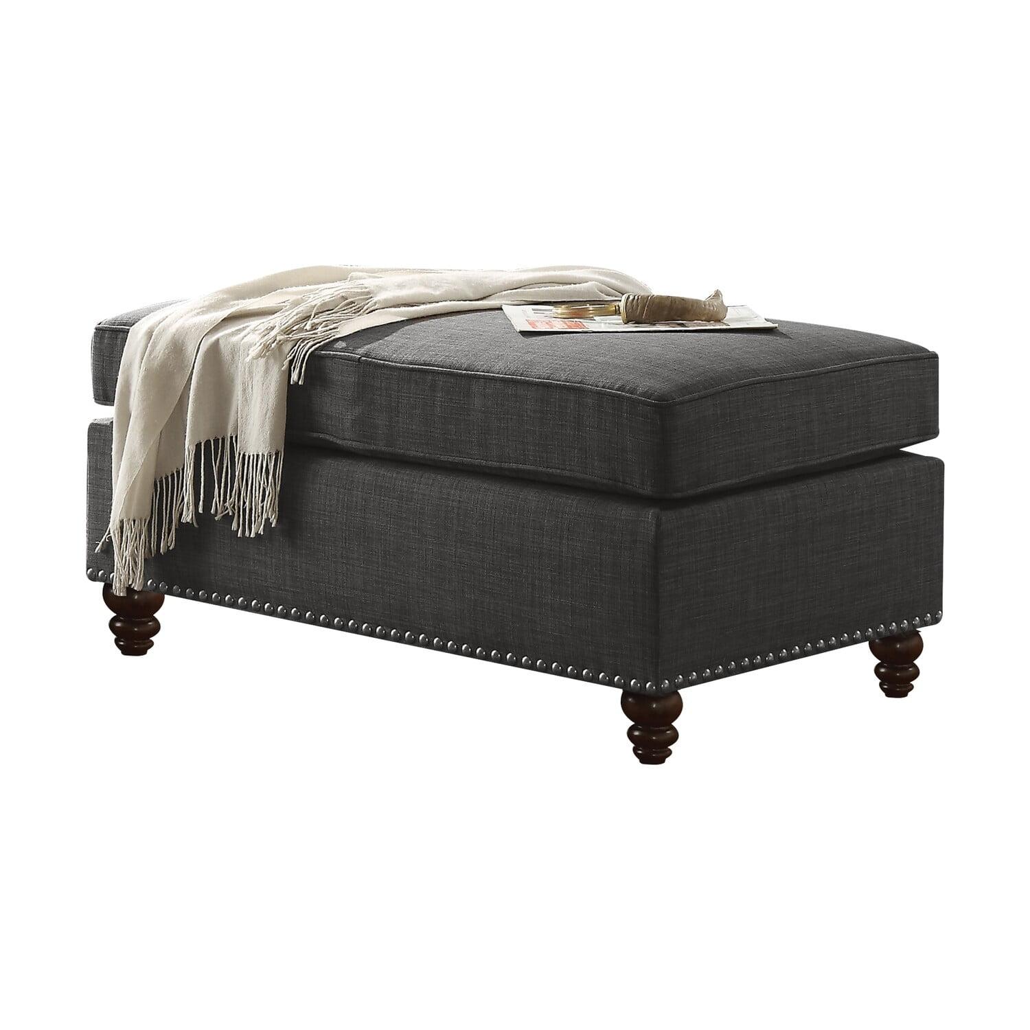 Aurelia II Charcoal Linen Tufted Ottoman with Nail-Head Trim