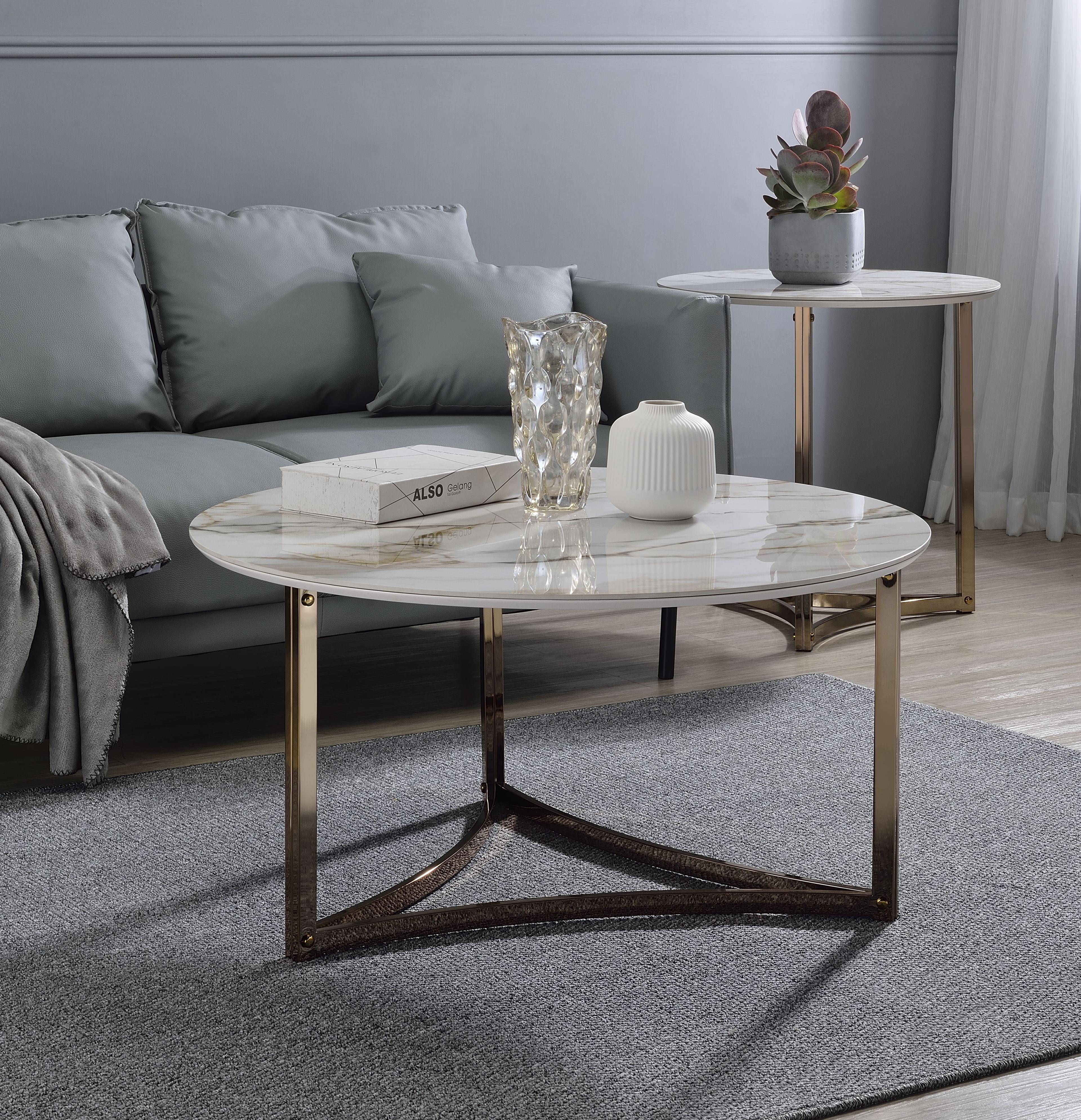 ACME Aziz Contemporary Metal Coffee Table with Stone Top in Champagne Bronze