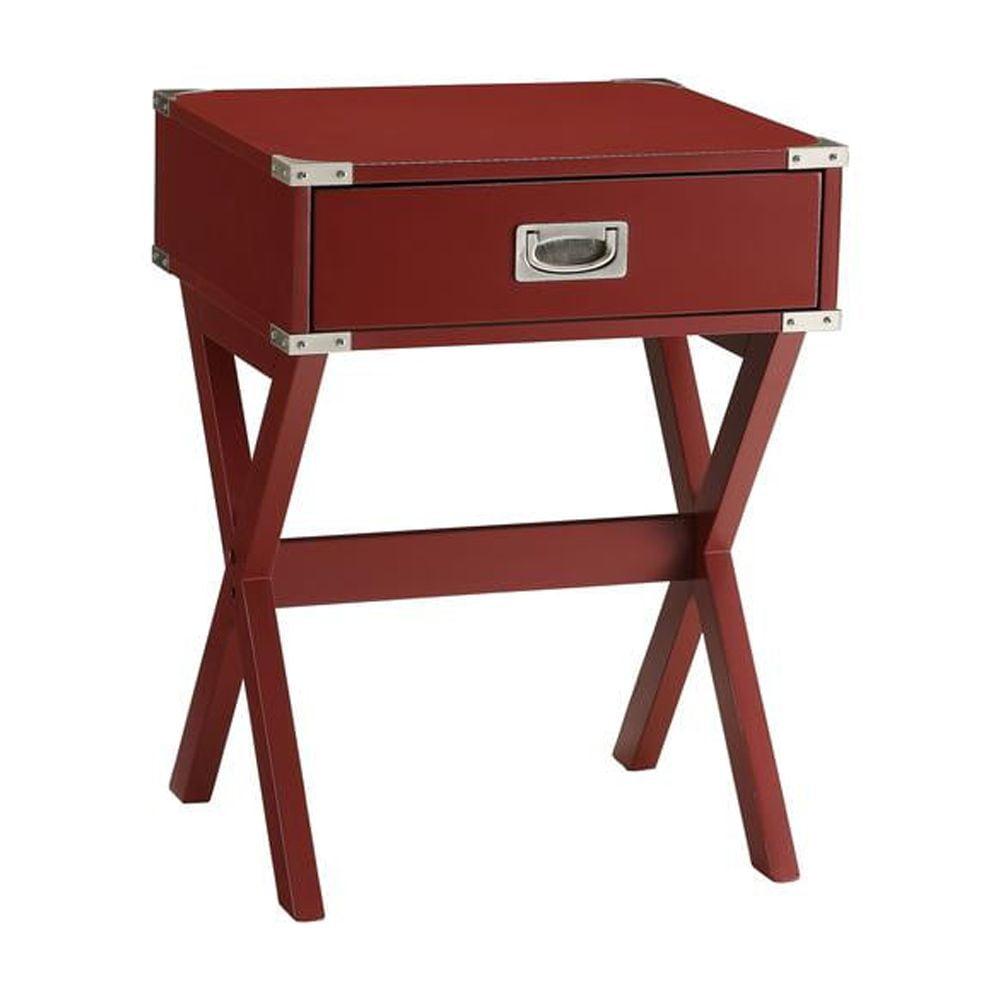 Red Square Wooden End Table with Metal Accents and Storage