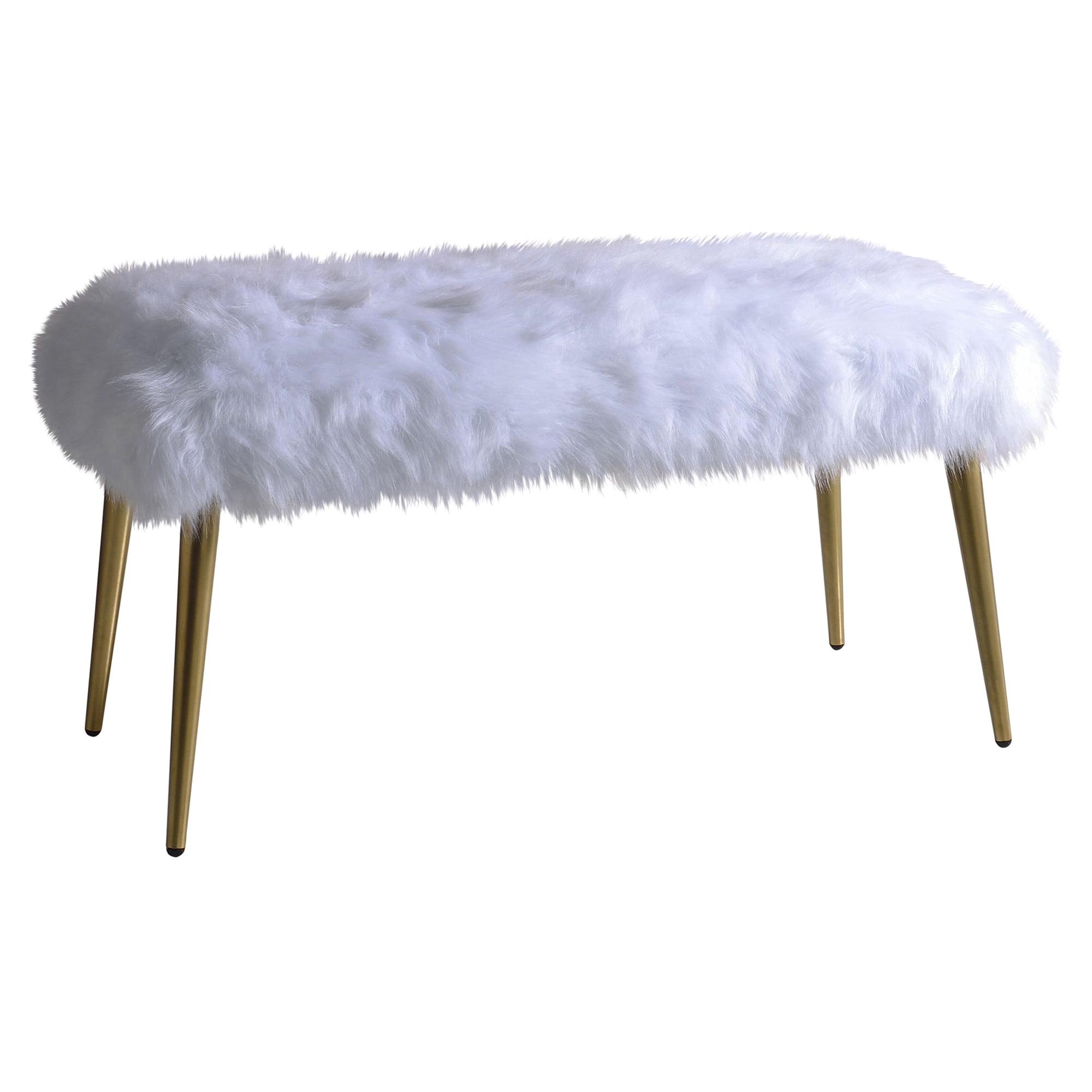 Sophisticated White Faux Fur and Gold Metal Bedroom Bench