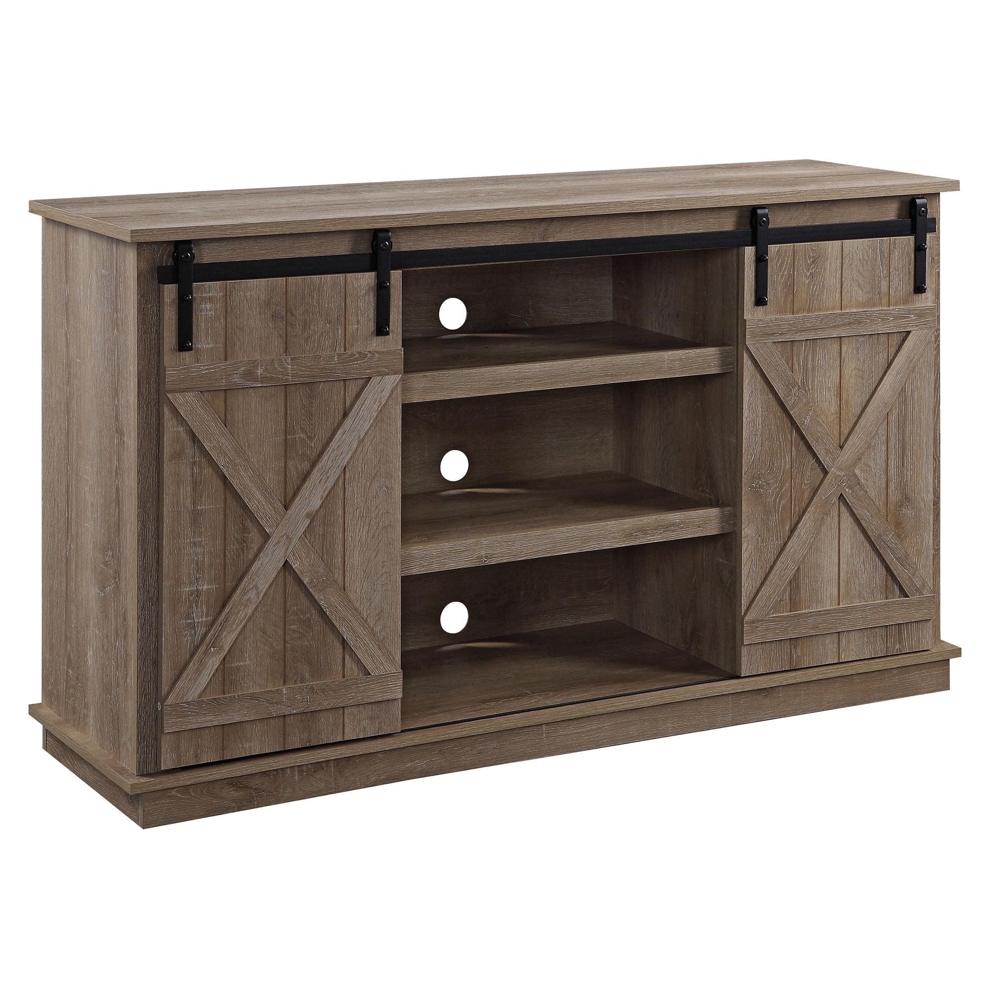 Rustic Oak Corner TV Stand with Sliding Barn Doors