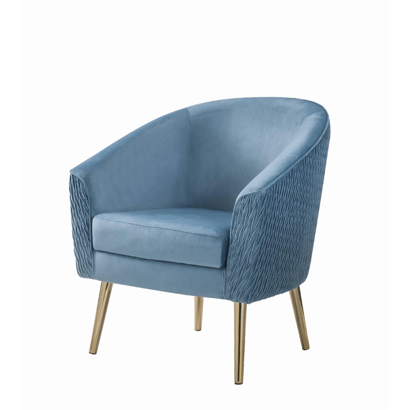 Sloped Armrest Blue Velvet and Gold Metal Accent Chair