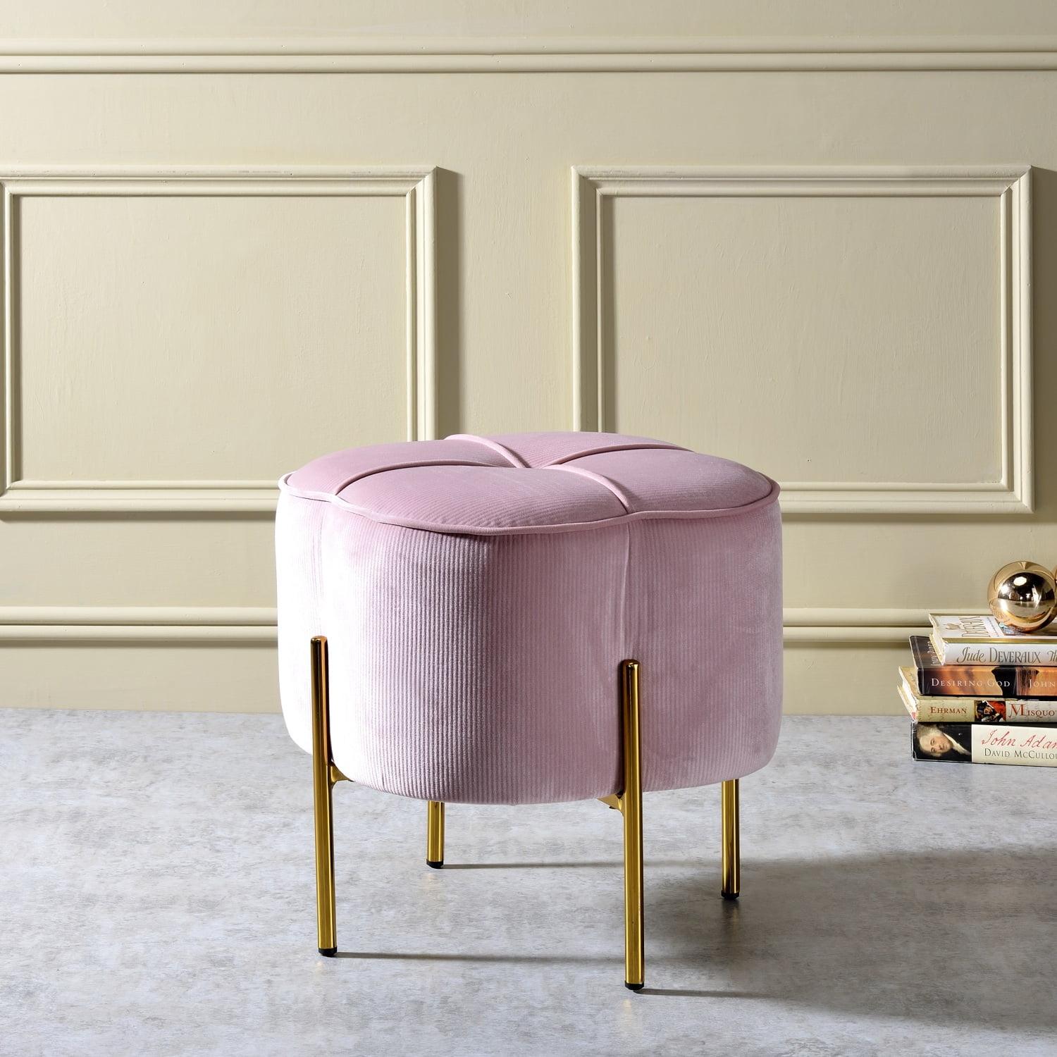 19'' Blush Pink Velvet Round Ottoman with Gold Metal Legs