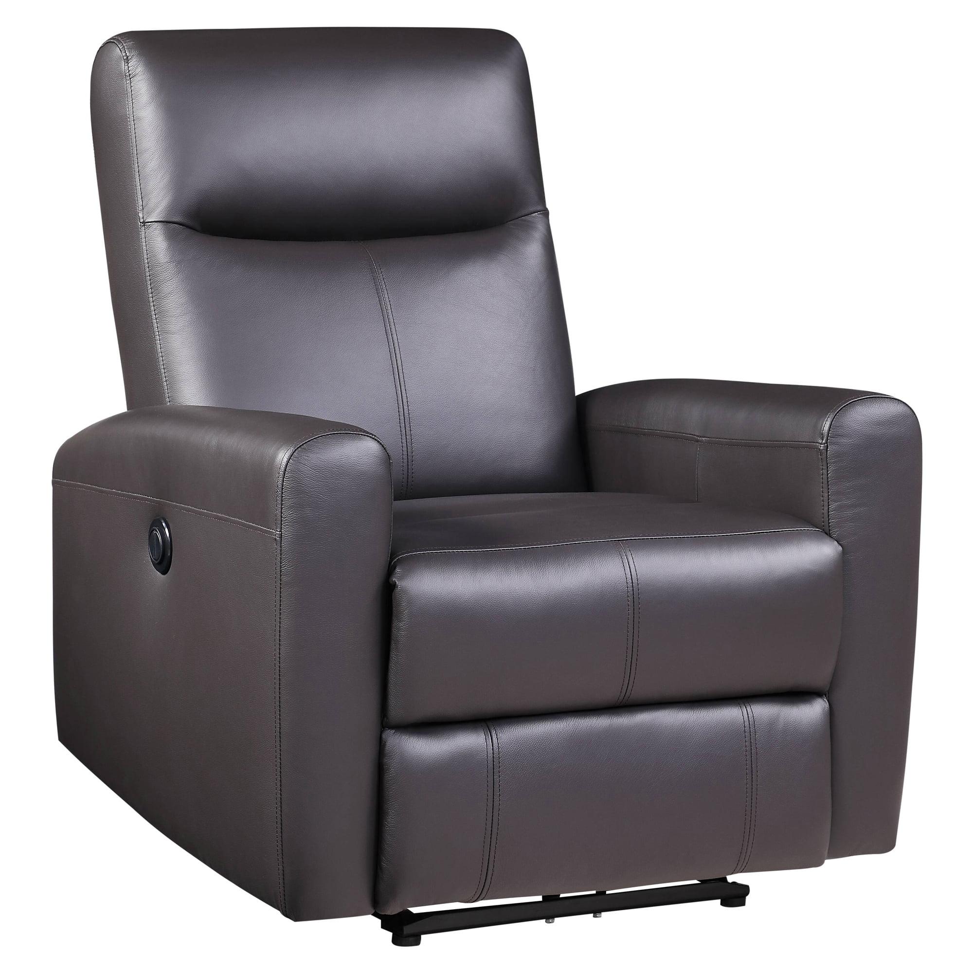 Compact Elegance Brown Top Grain Leather Recliner with Wood Accents