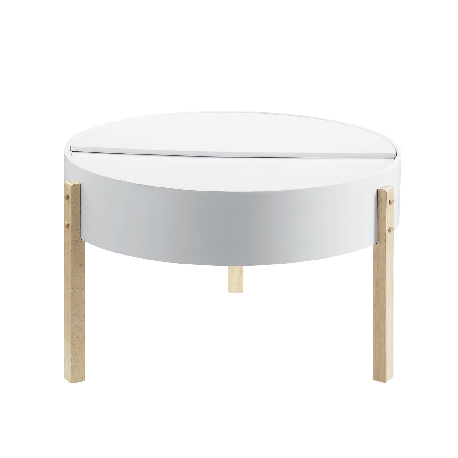 Round White and Natural Wood Coffee Table with Storage