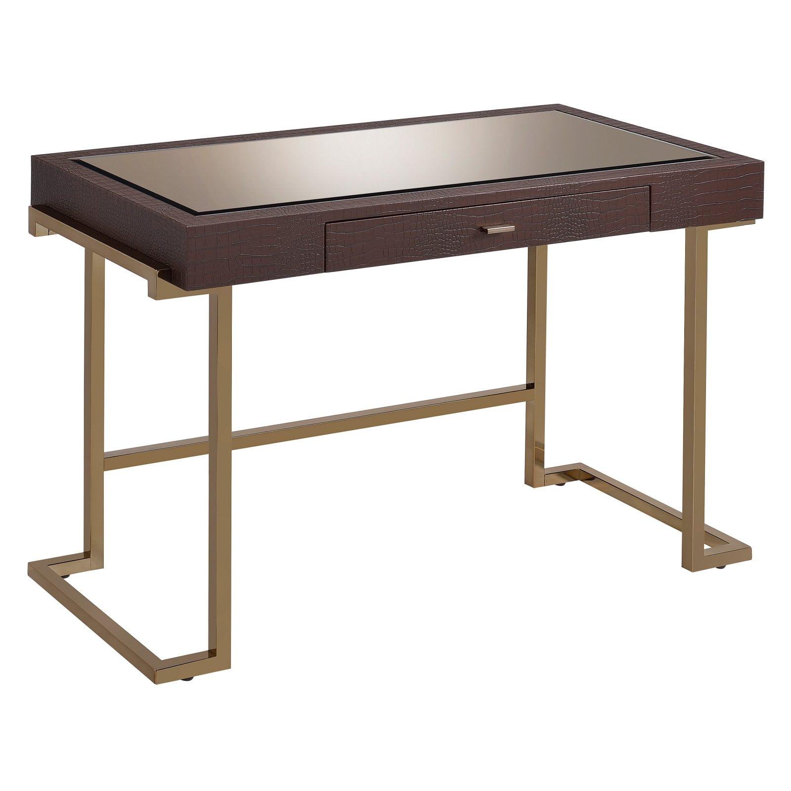 Champagne Metal Base Black Glass Writing Desk with Drawer