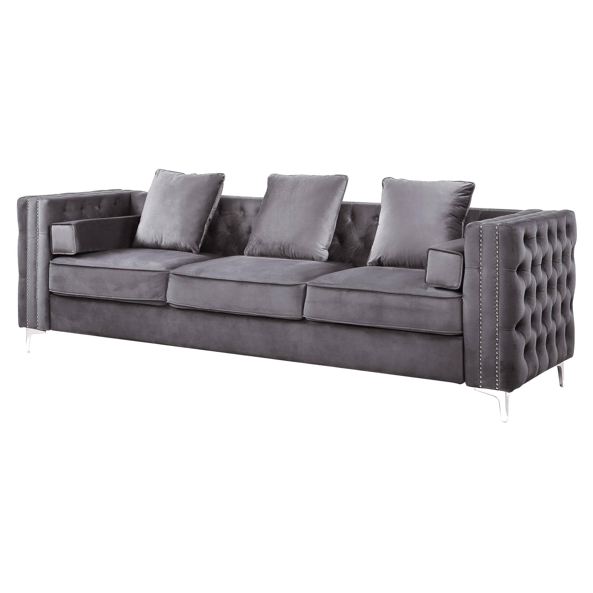 Elegant Gray Velvet Tufted Sofa with Ottoman and Nailhead Trim