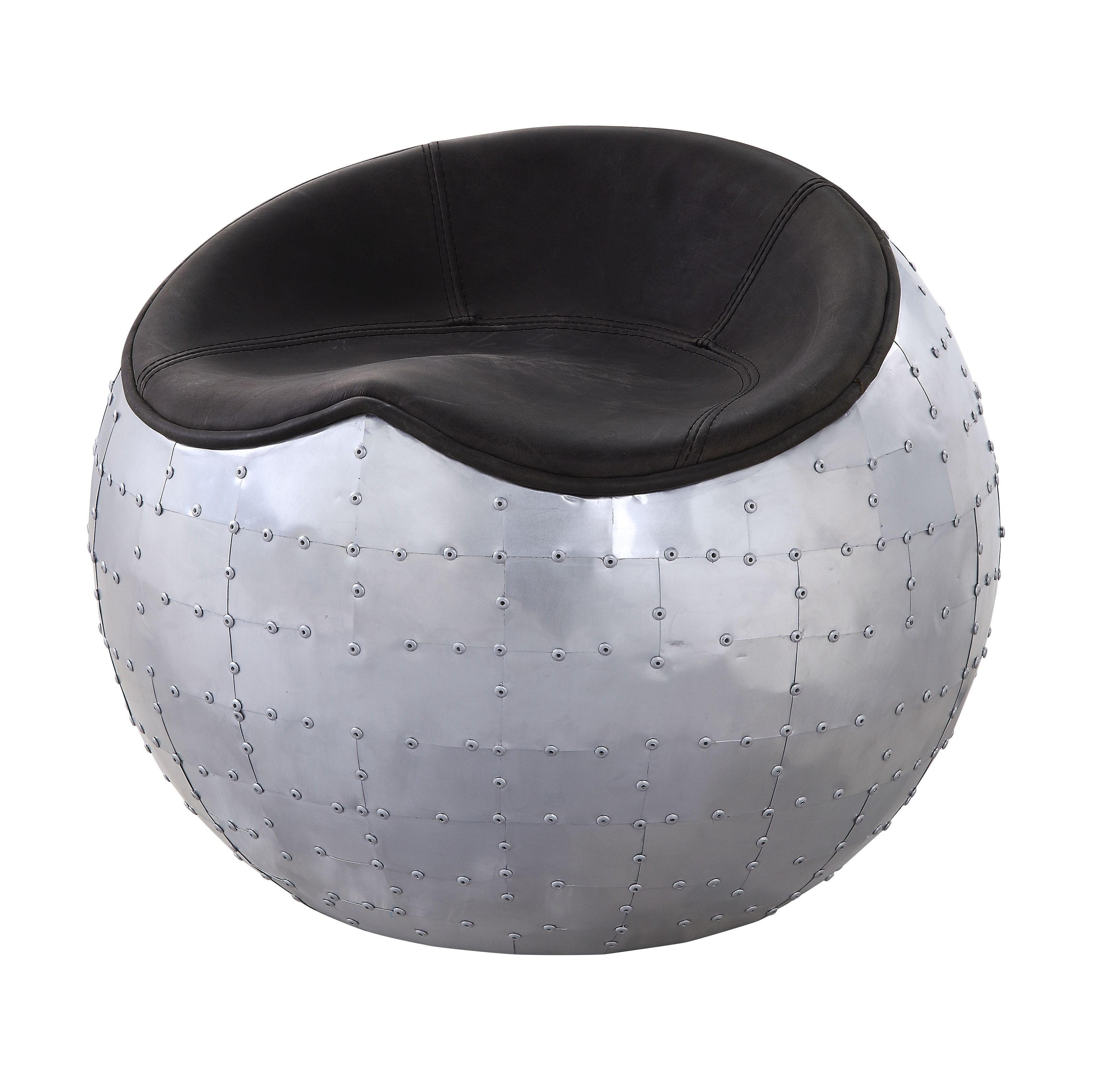 Brancaster Round Leather and Aluminum Ottoman in Antique Ebony