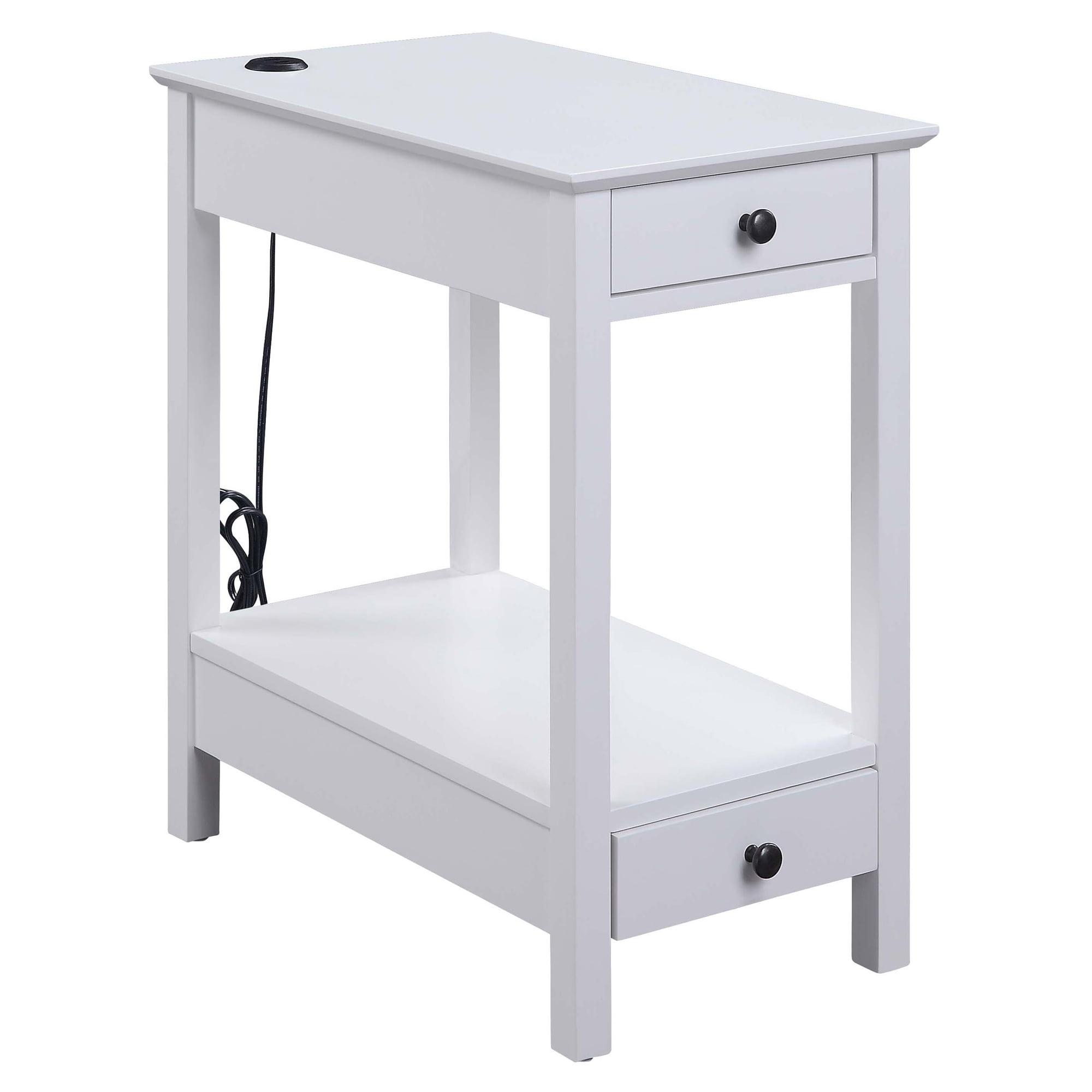 Modern White Wood Side Table with USB Charging Dock and Storage