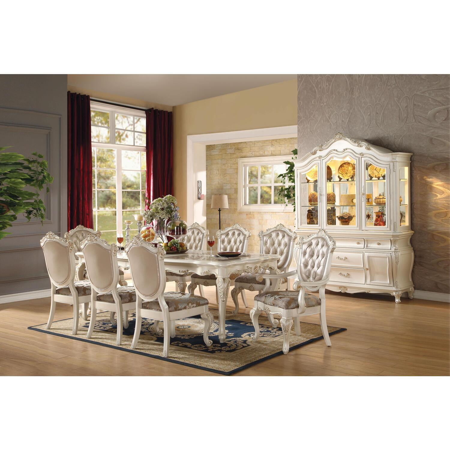 Chantelle 96" Dining Tables Marble Top and Pearl White - Acme Furniture