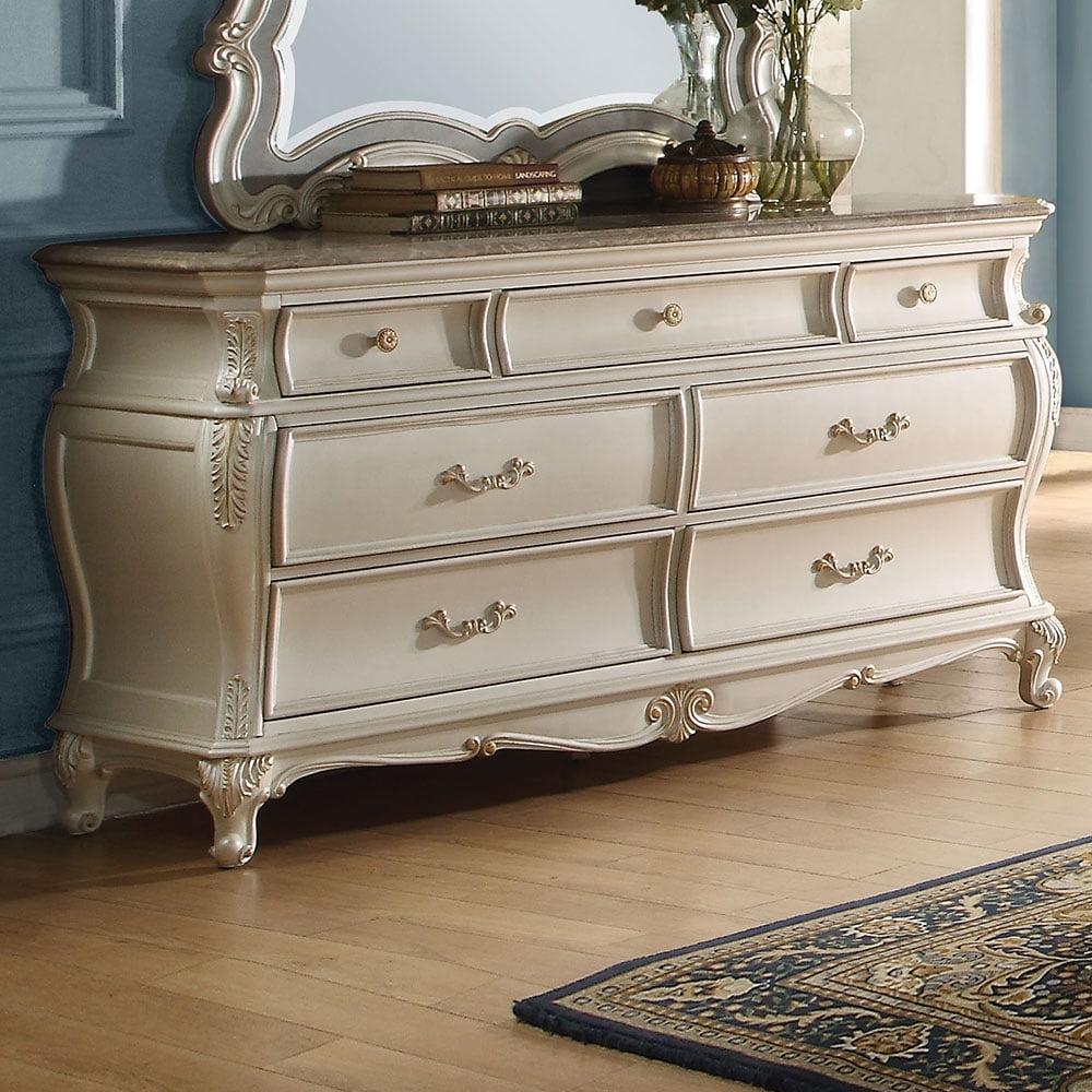 Elegant Pearl White 66" Dresser with Granite Top and Felt-Lined Drawers