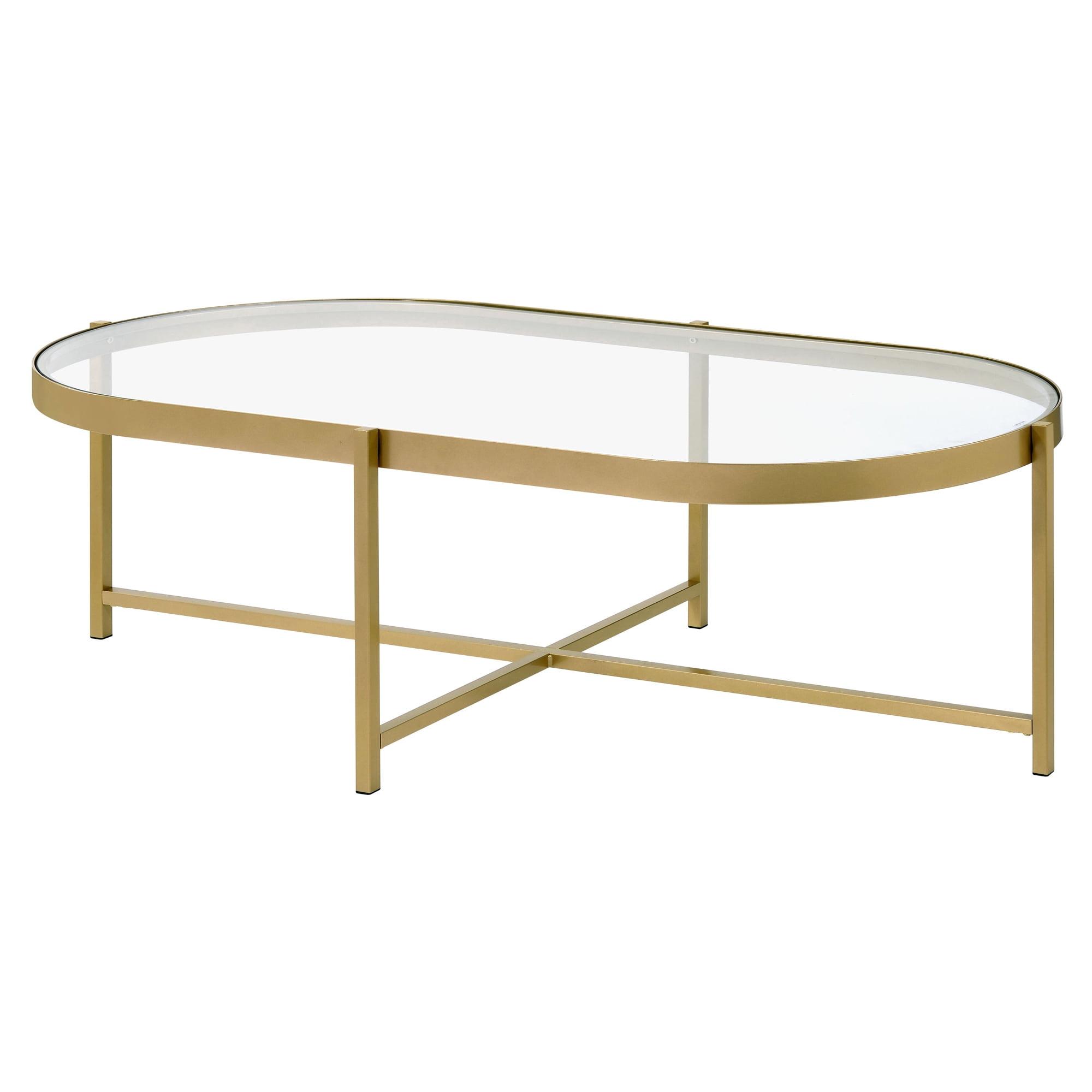 Elegant Oval Tempered Glass Outdoor Coffee Table with Gold Metal Base