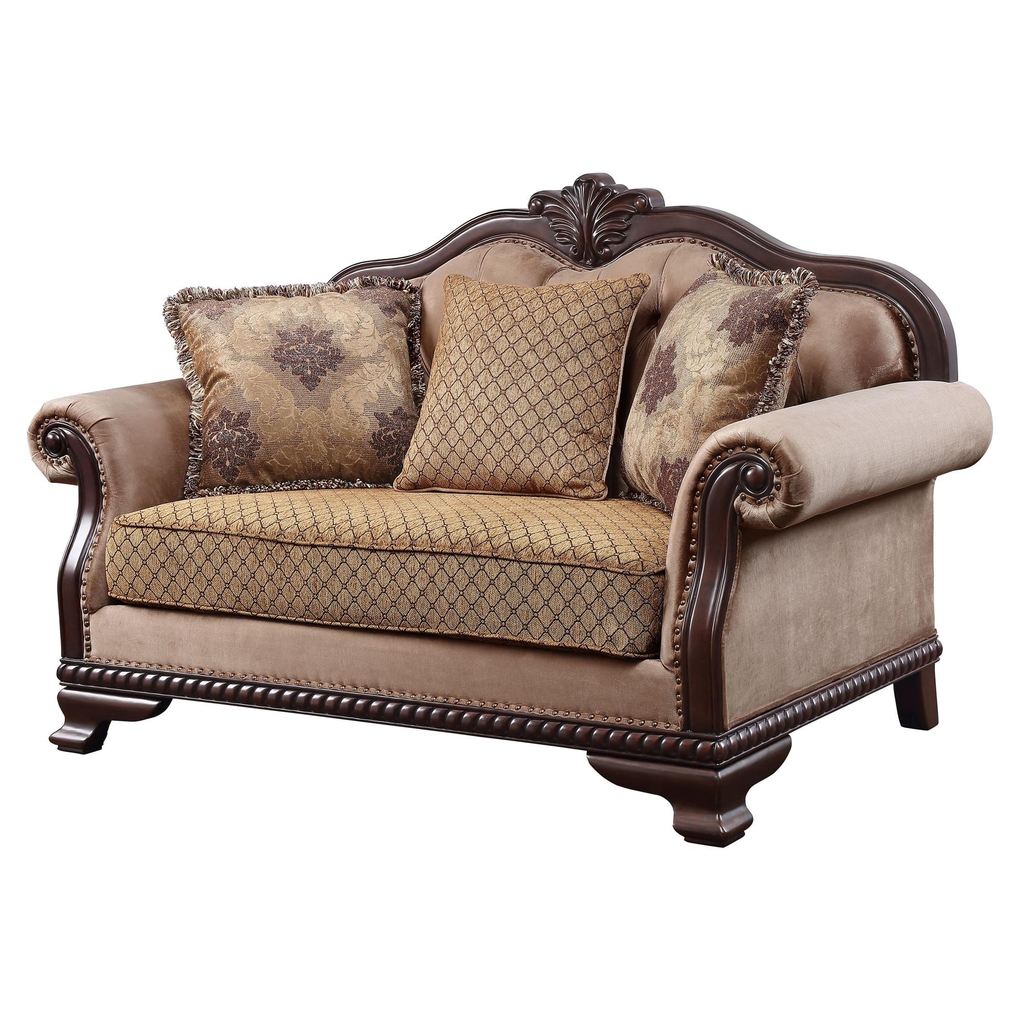 69" Chateau De Ville Fabric Sofa Espresso Finish - Acme Furniture: Carved Wood, Tufted Cushions, Includes 3 Pillows