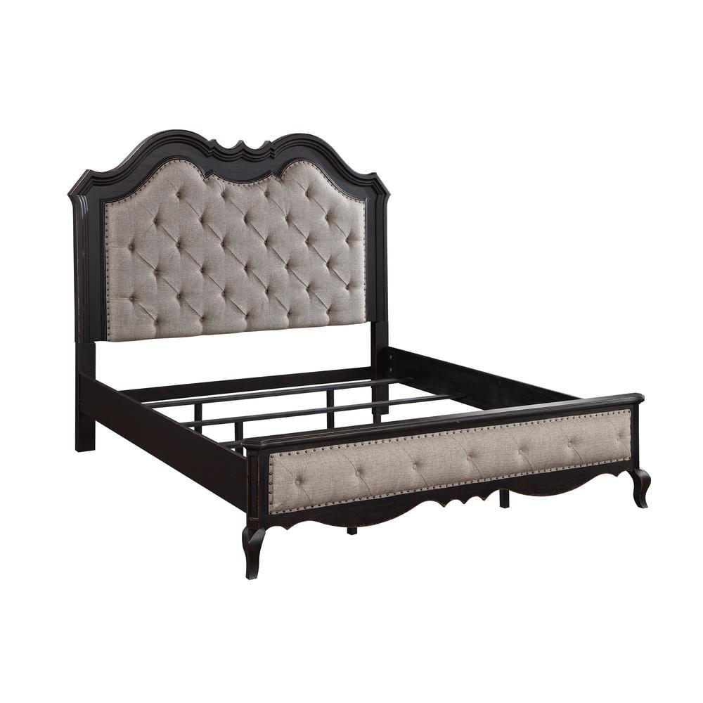 66.5" Queen Bed Chelmsford Bed Beige Fabric Antique Black Finish - Acme Furniture: Linen Upholstery, Wood Frame, Tufted Design