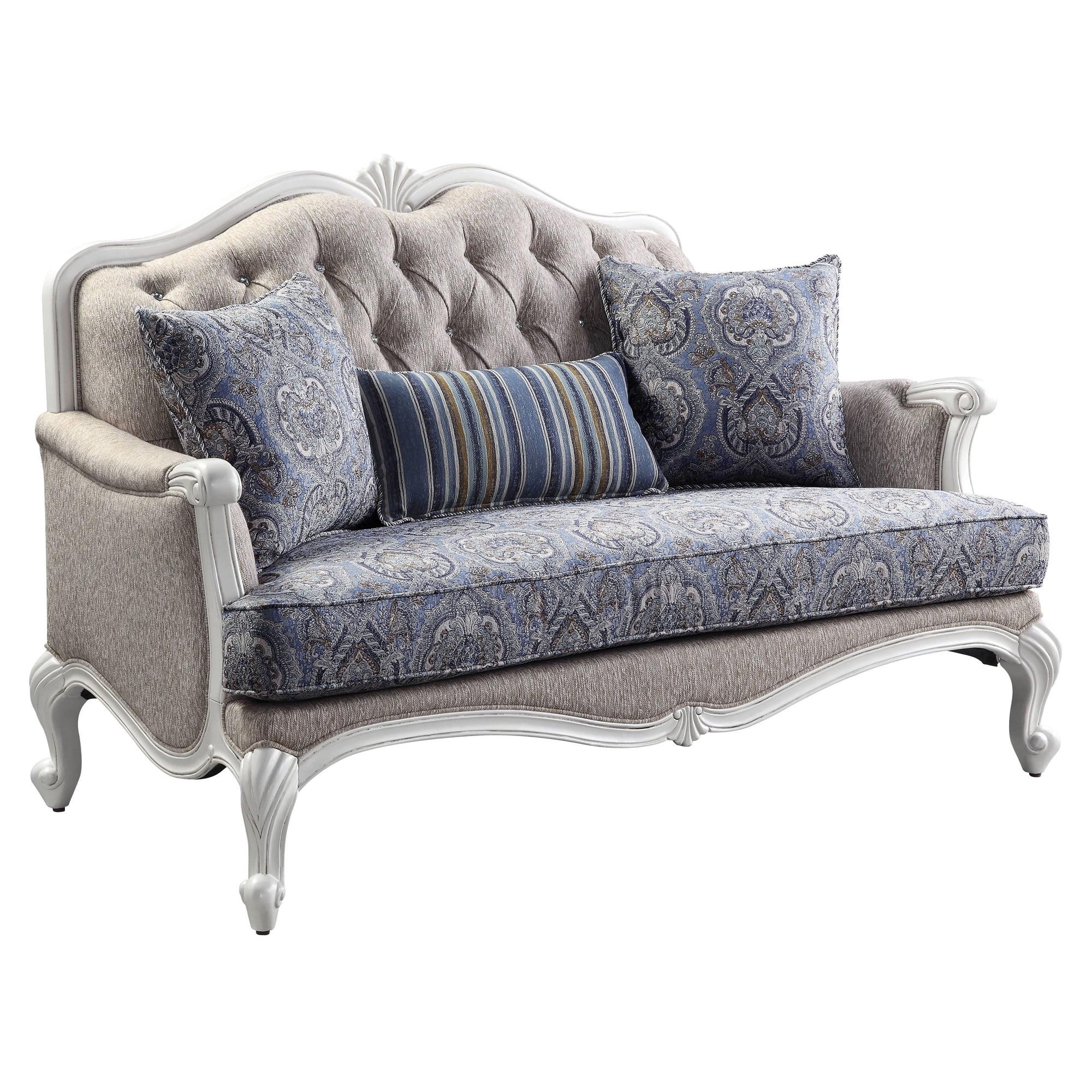 White Floral Tufted Fabric Loveseat with Wood Frame