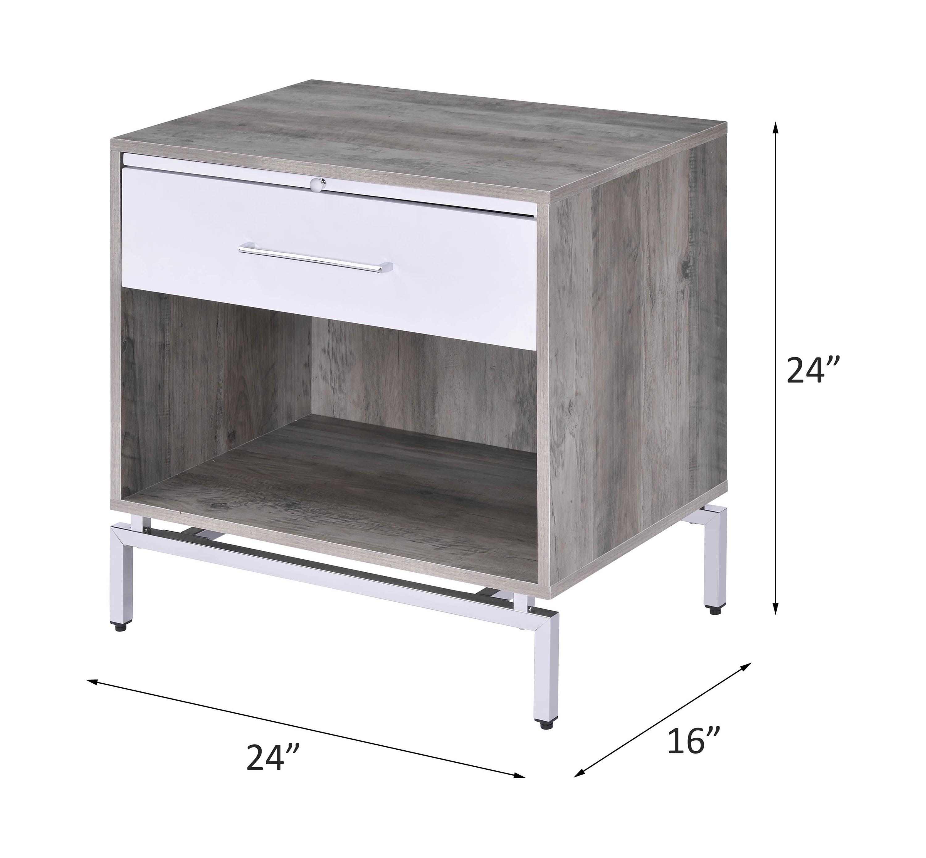 Weathered Gray Oak & White Metal Accent Table with Storage