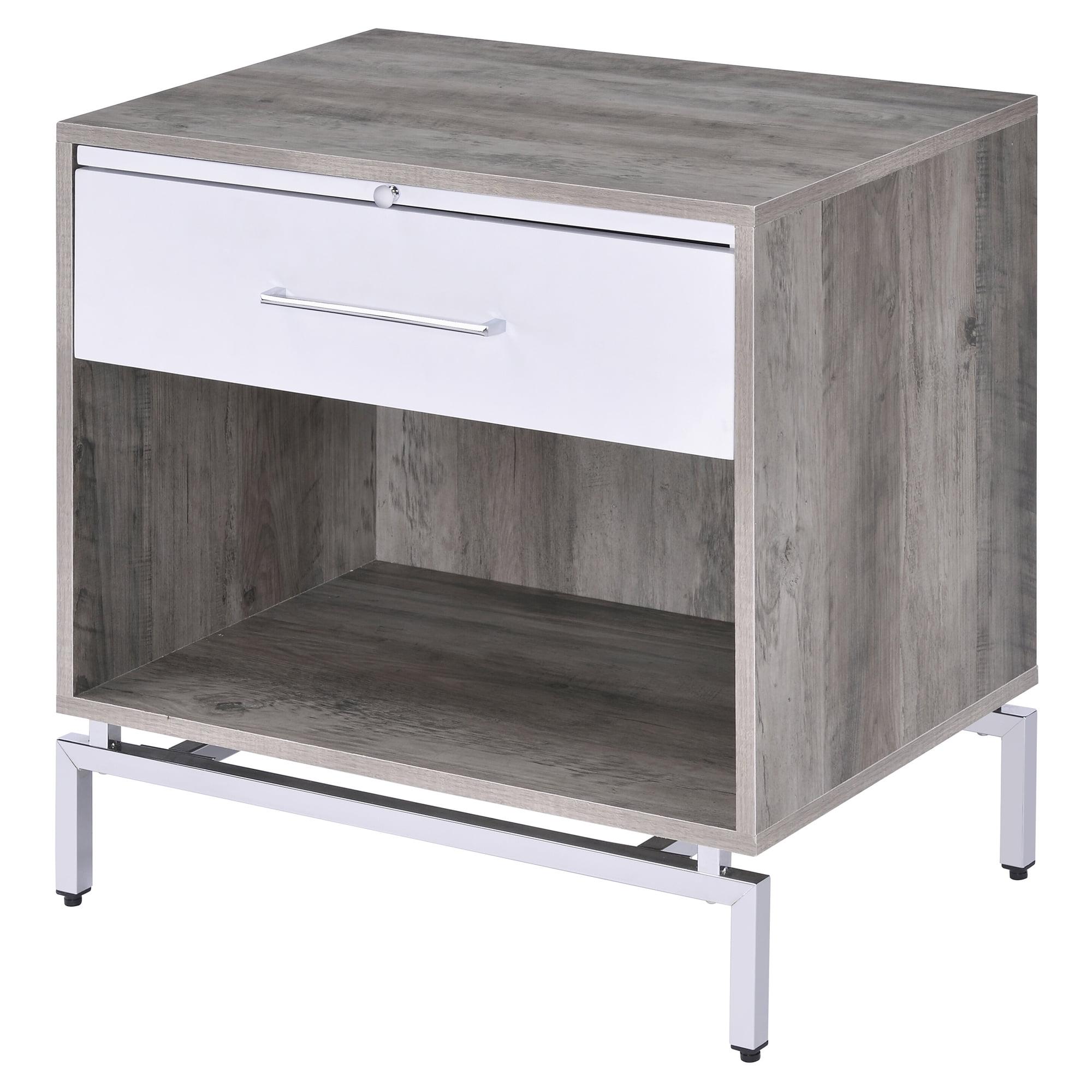 Weathered Gray Oak & White Metal Accent Table with Storage