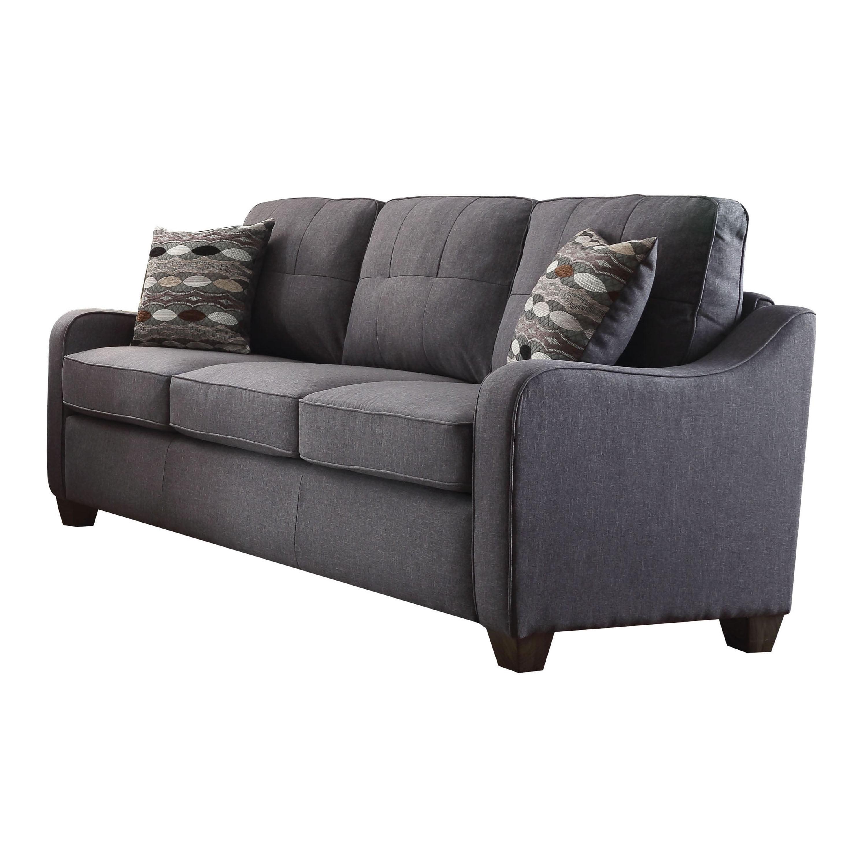 Elegant Gray Linen Tufted Sofa with Removable Cushions and Wood Accents