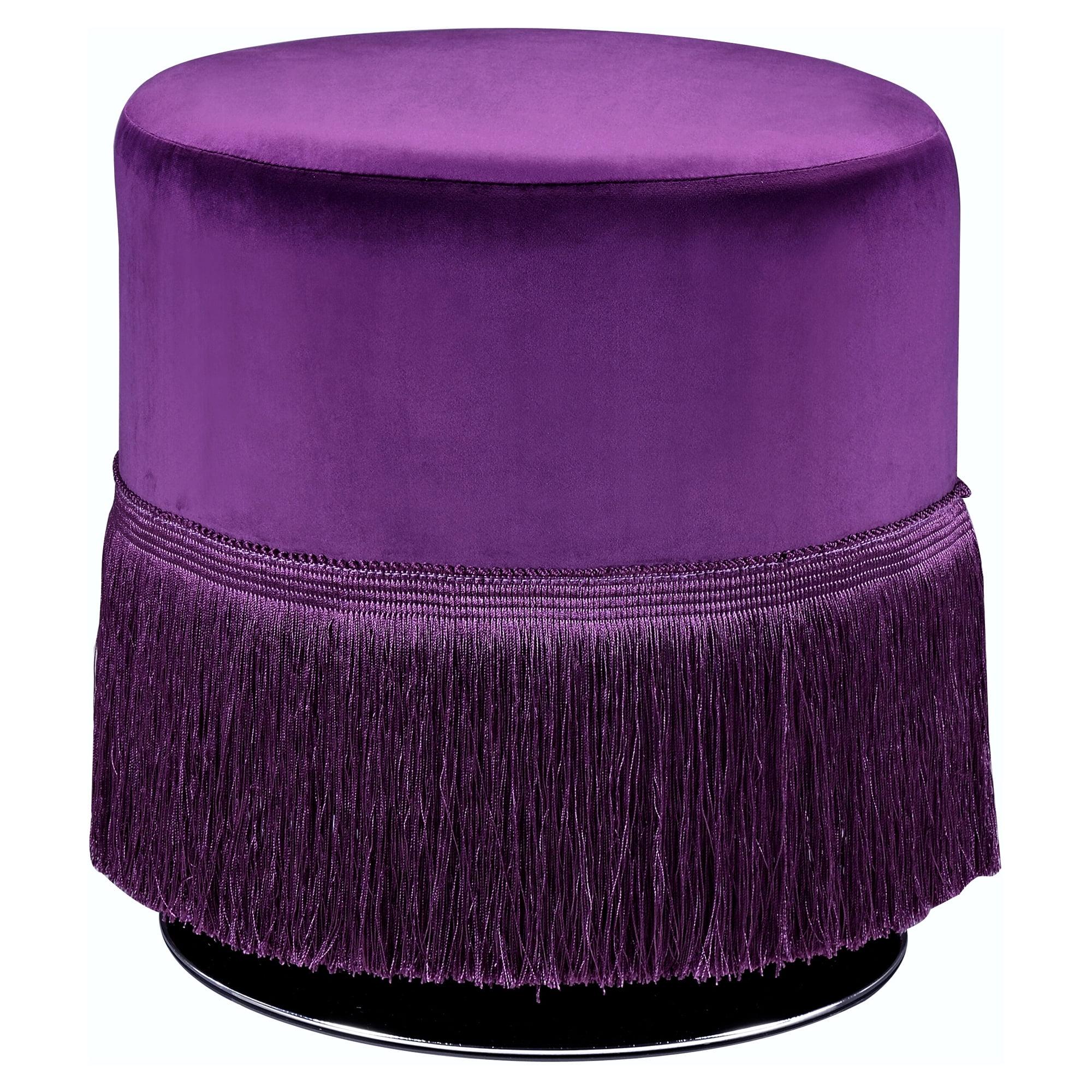 17" Clivia Velvet Ottoman Midnight Blue - Acme Furniture: Cylindrical, Fringe Base, No Assembly