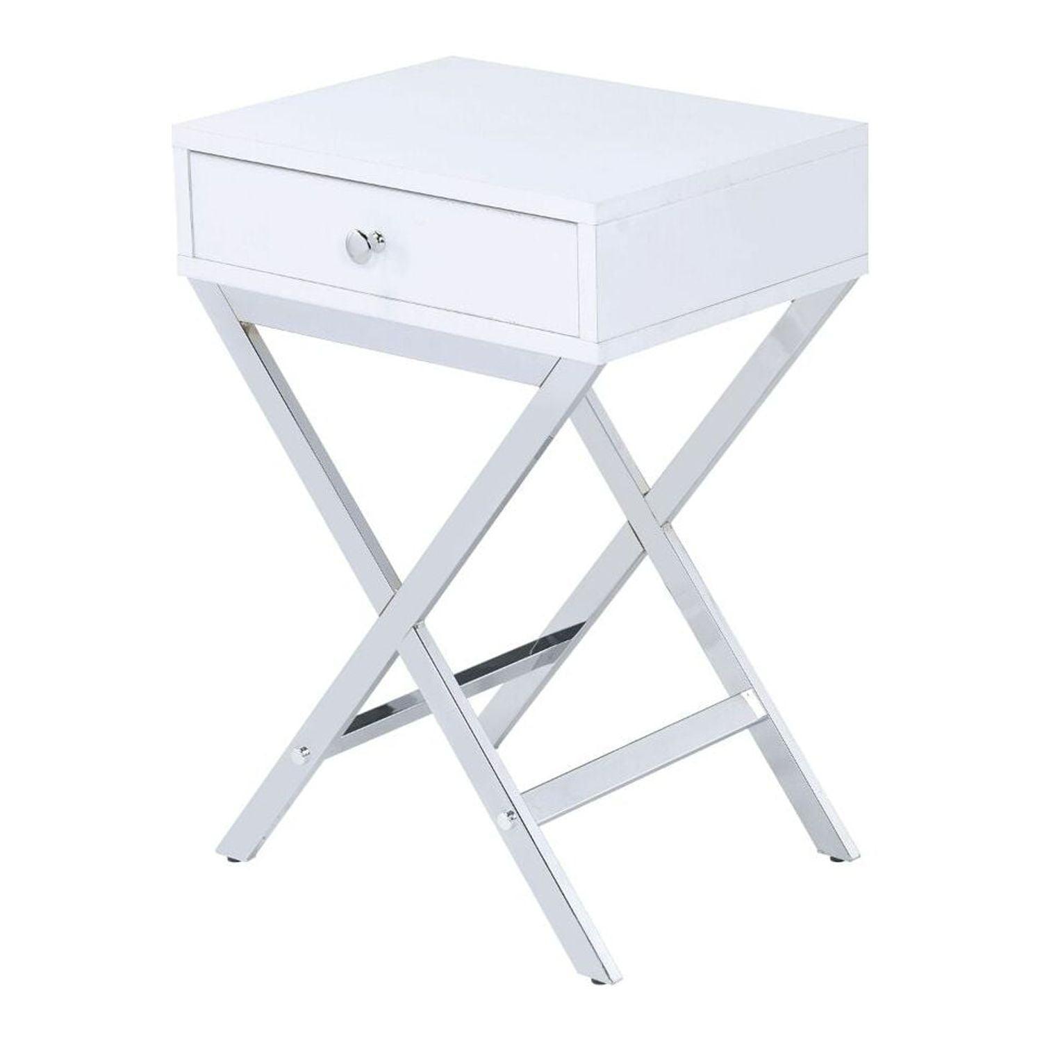 16" Coleen Accent Table White/Chrome Finish - Acme Furniture: Brass Base, Drawer Storage, No Assembly Required