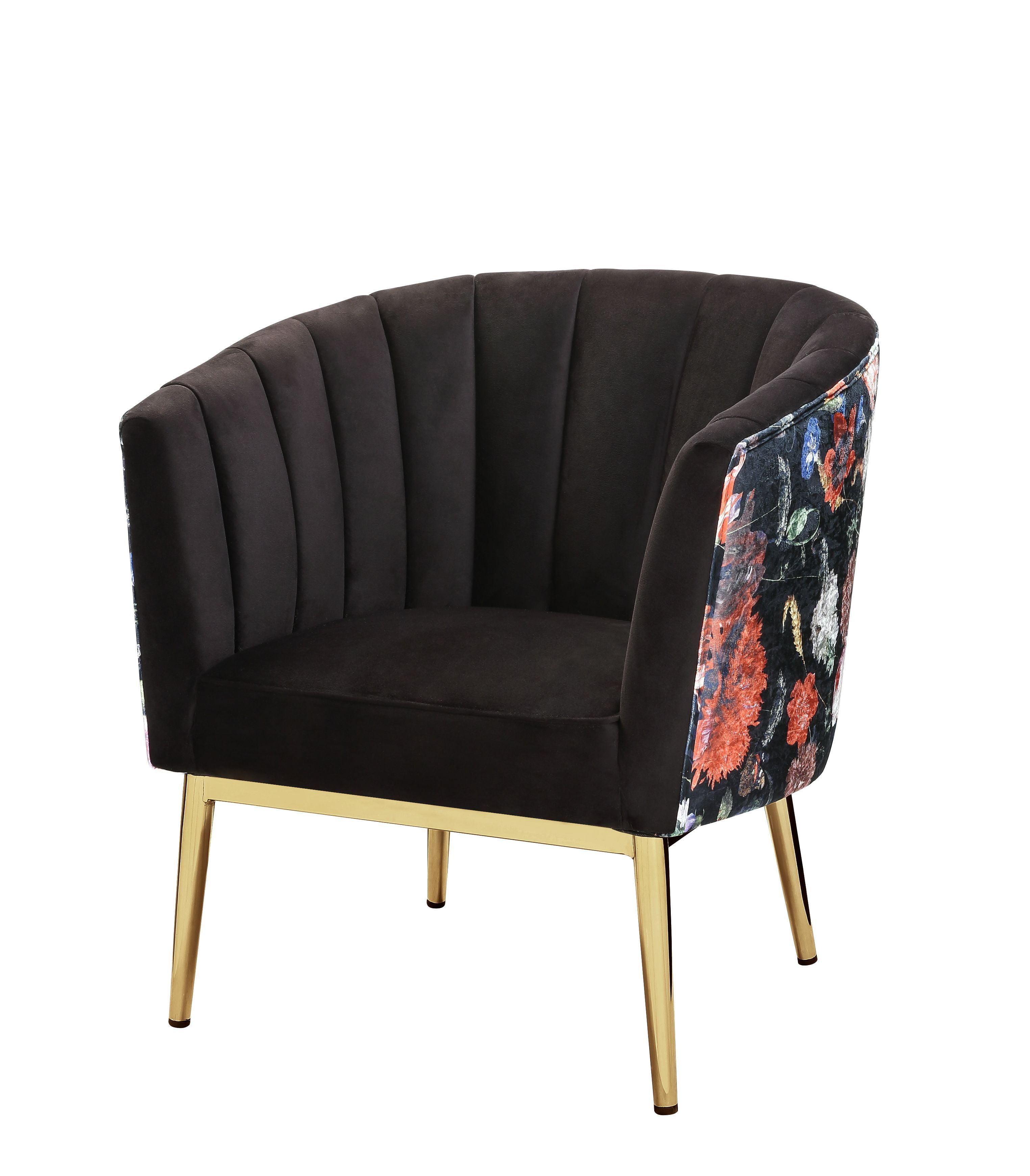 Black Velvet Floral Barrel Accent Chair with Gold Legs