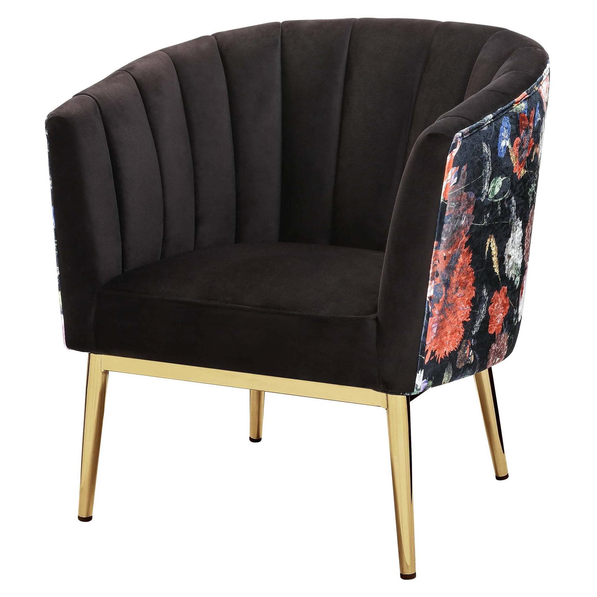 Black Velvet Floral Barrel Accent Chair with Gold Legs