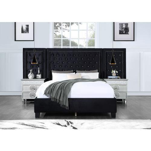 Damazy 86" King Bed Black Velvet - Acme Furniture: Crystal-like Tufting, Nailhead Trim, No Box Spring Required