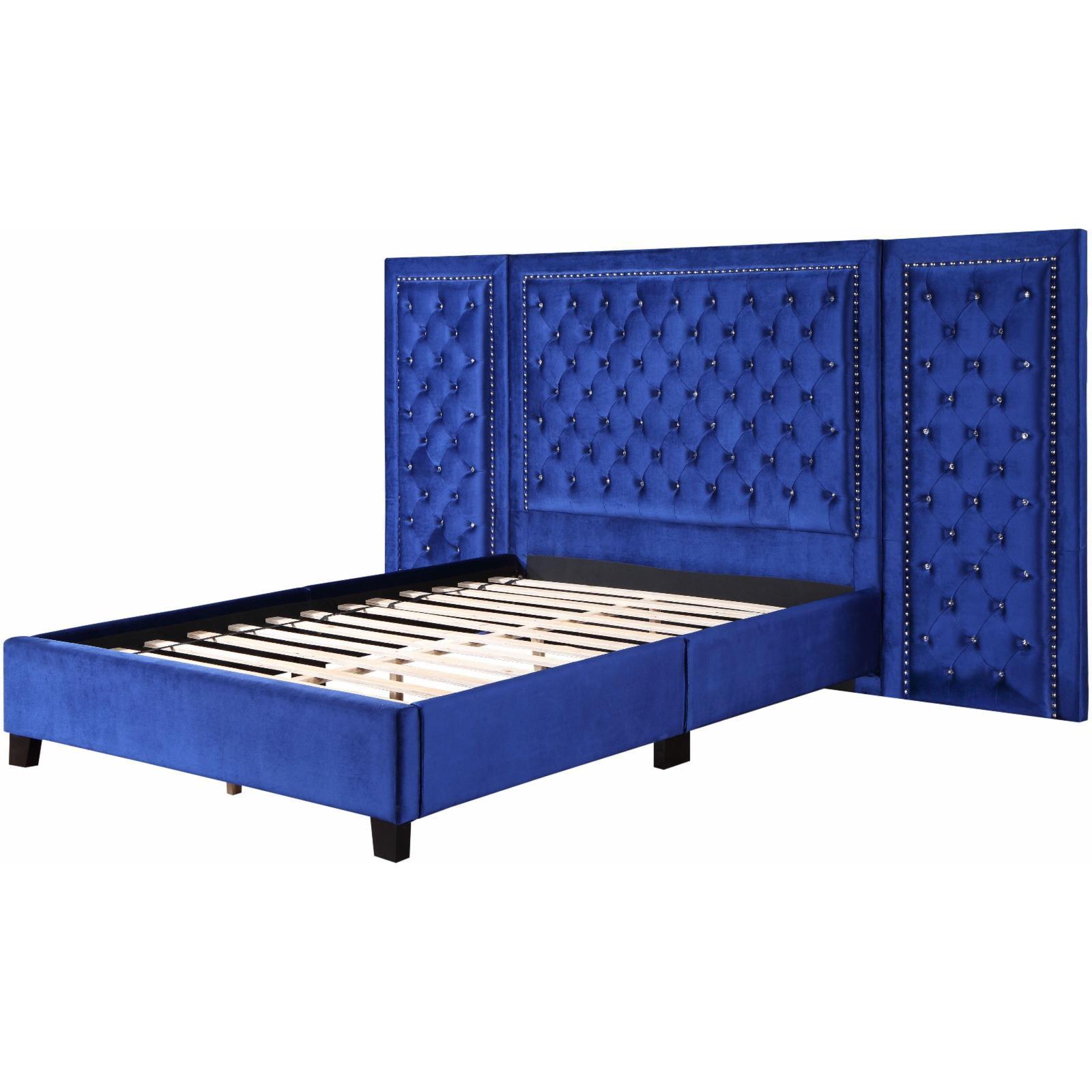 Damazy Blue Velvet Queen Bed with Tufted Headboard